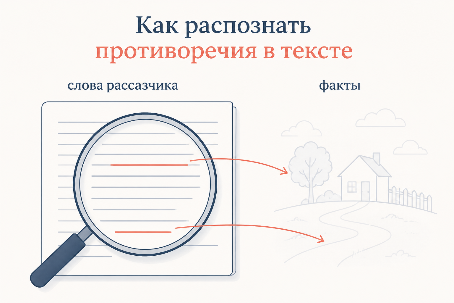 Как распознать ненадёжного рассказчика: лупа над текстом, коралловые подчёркивания на противоречиях и стрелки от слов рассказчика к иной фактической сцене.