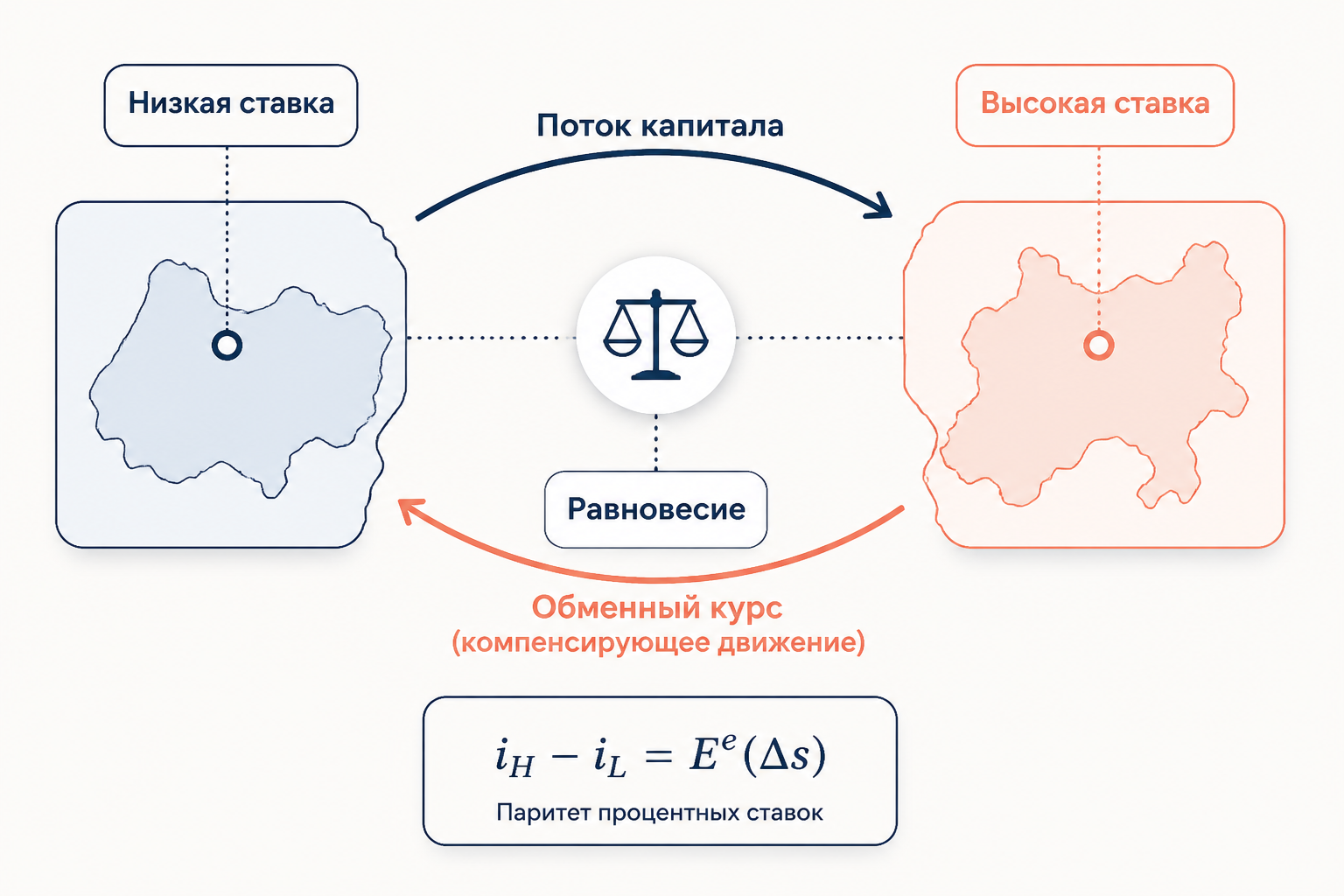 Непокрытый паритет: стрелки капитала из страны с низкой ставкой в страну с высокой ставкой, обменный курс уравновешивает потоки