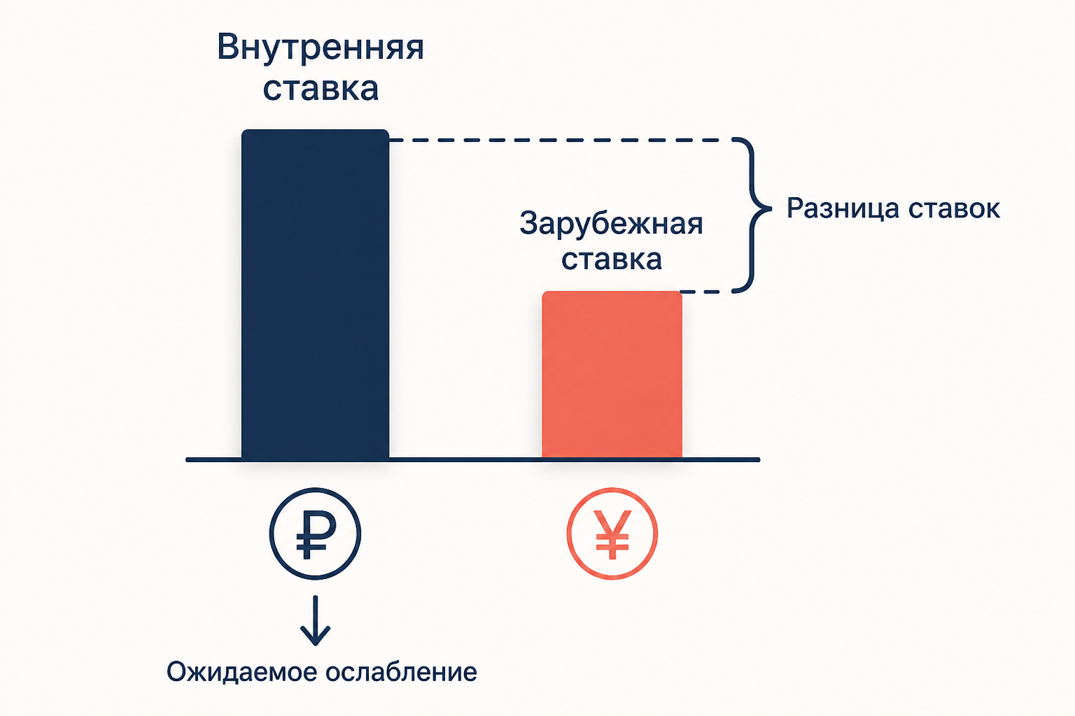 Разница ставок и ожидаемое изменение курса: два столбика - внутренняя и зарубежная ставка, стрелка показывает компенсирующее движение курса