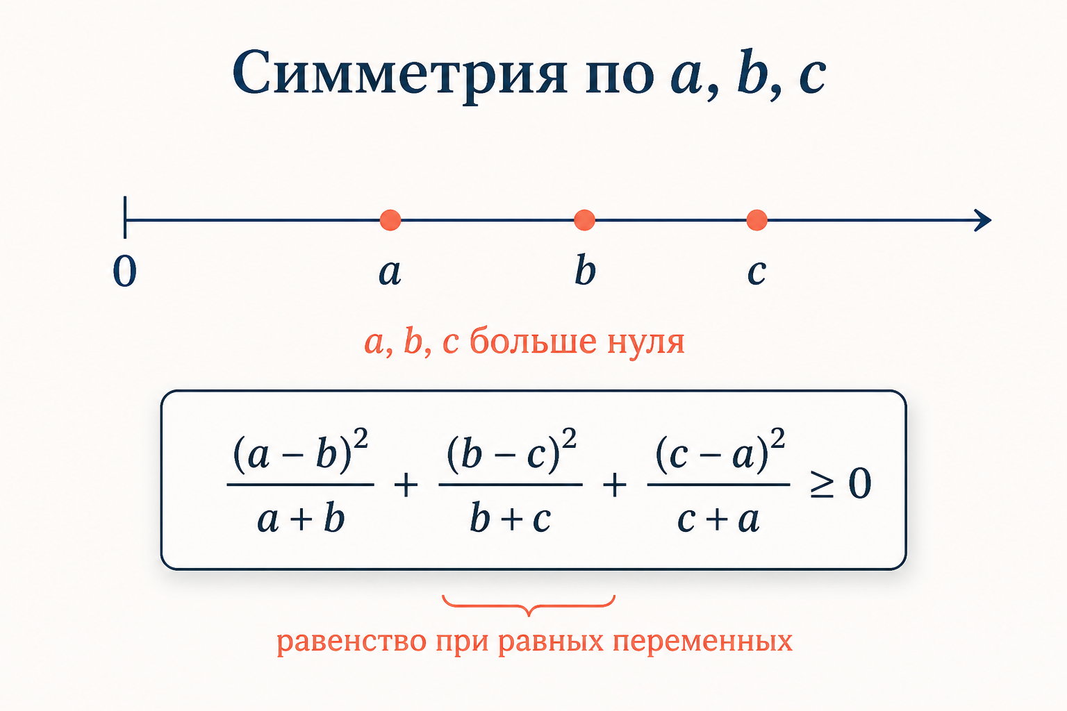Симметричная композиция трёх неотрицательных переменных a, b, c на числовом луче с подписью неравенство Шура и условием равенства при равных переменных