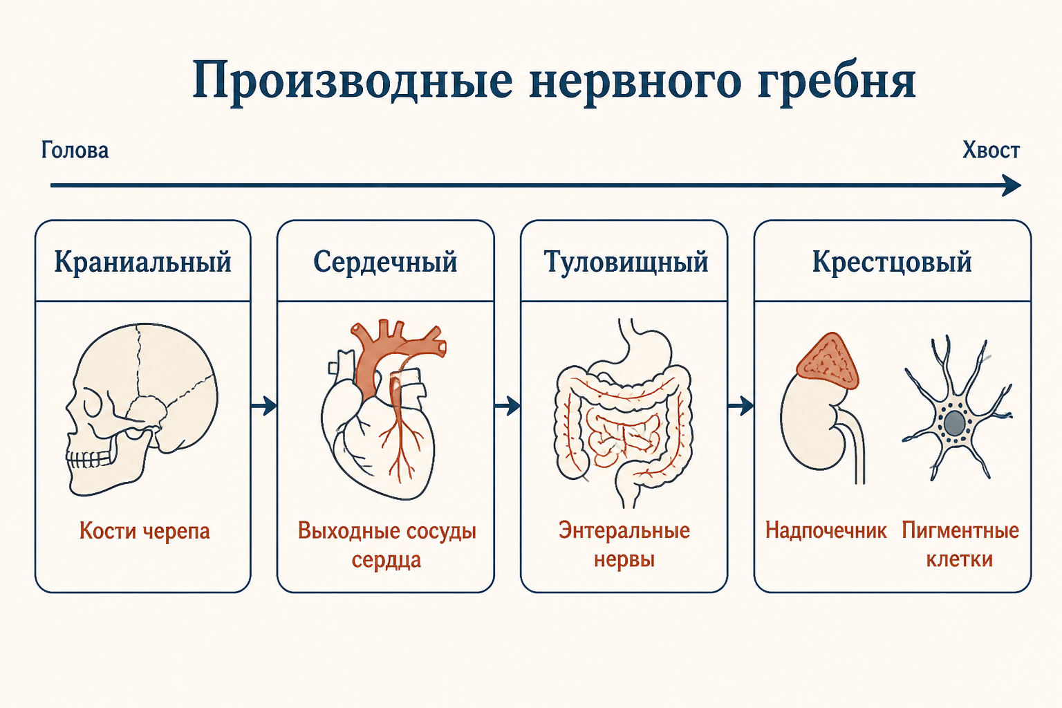 Четыре отдела нервного гребня вдоль оси тела и их производные: кости черепа, сосуды сердца, нейроны кишечника, надпочечники и пигментные клетки