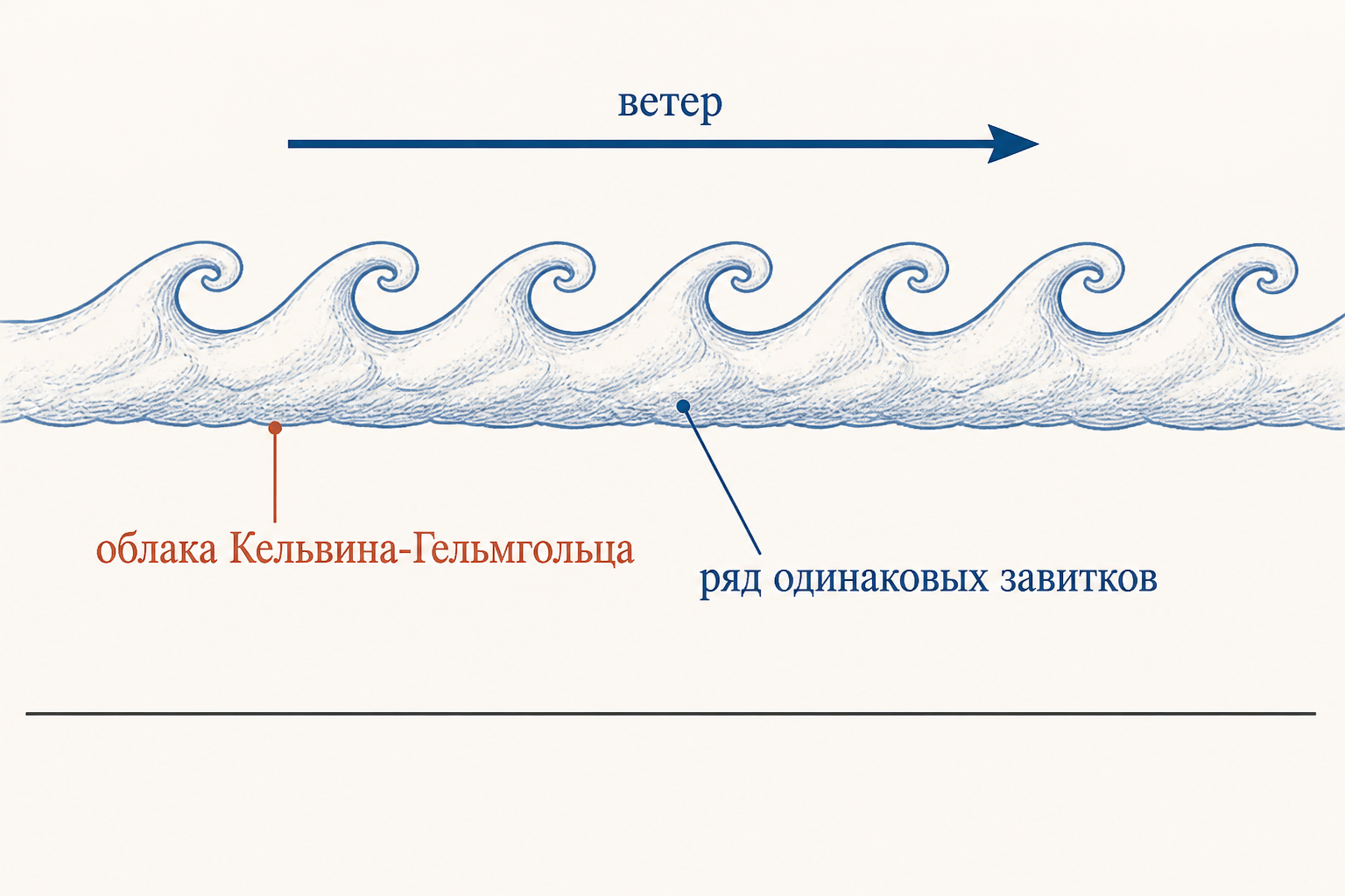 Облака Кельвина-Гельмгольца: ряд одинаковых волн-завитков на кромке облачного слоя под действием ветра