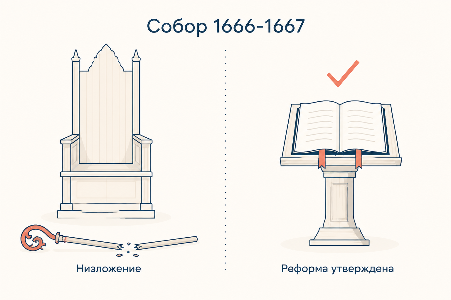 Символ приговора собора: опустевшая кафедра со сломанным посохом рядом с утверждённой служебной книгой