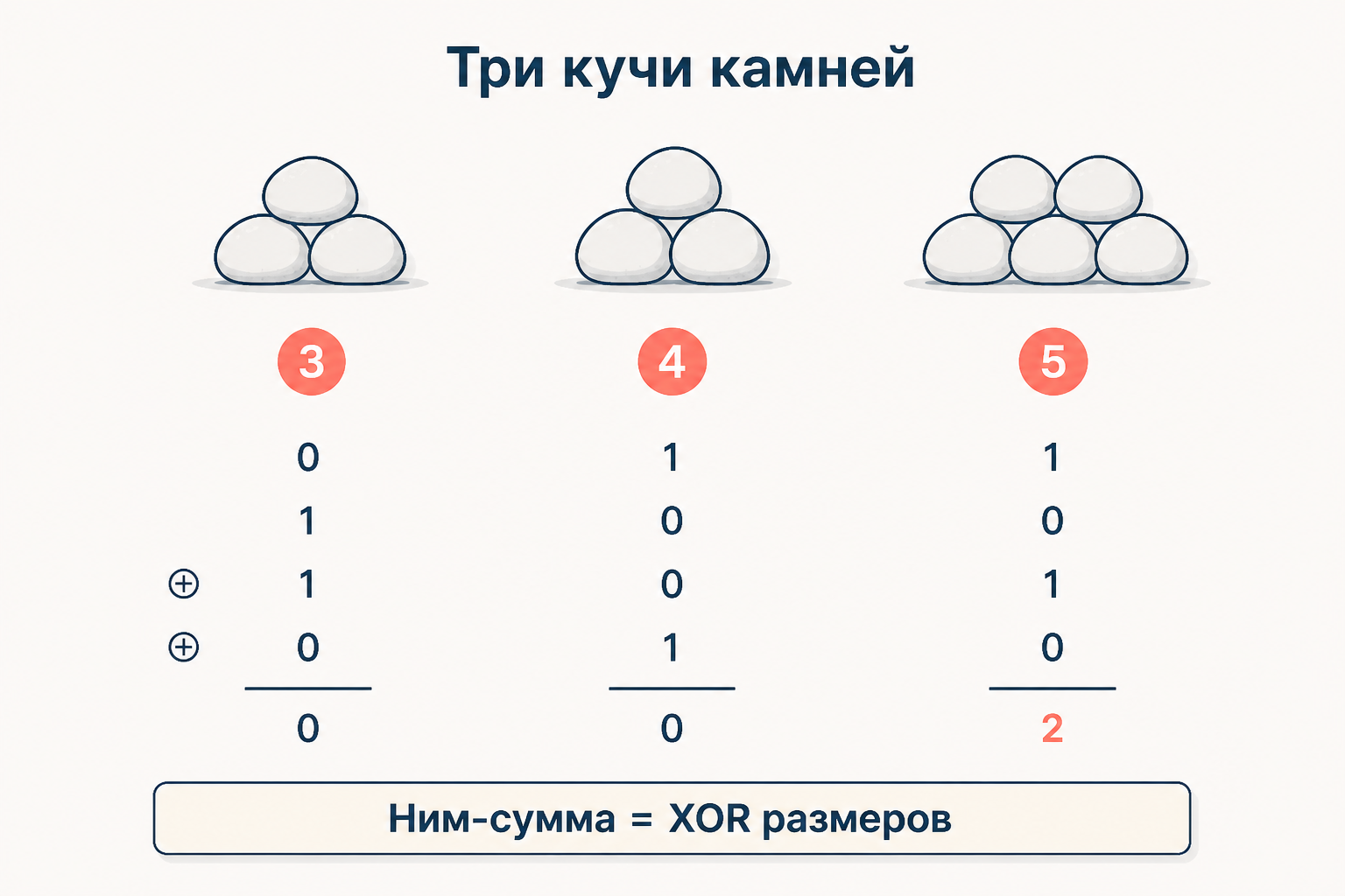 Три кучи камней с размерами 3, 4 и 5, под ними подпись ним-сумма как XOR размеров