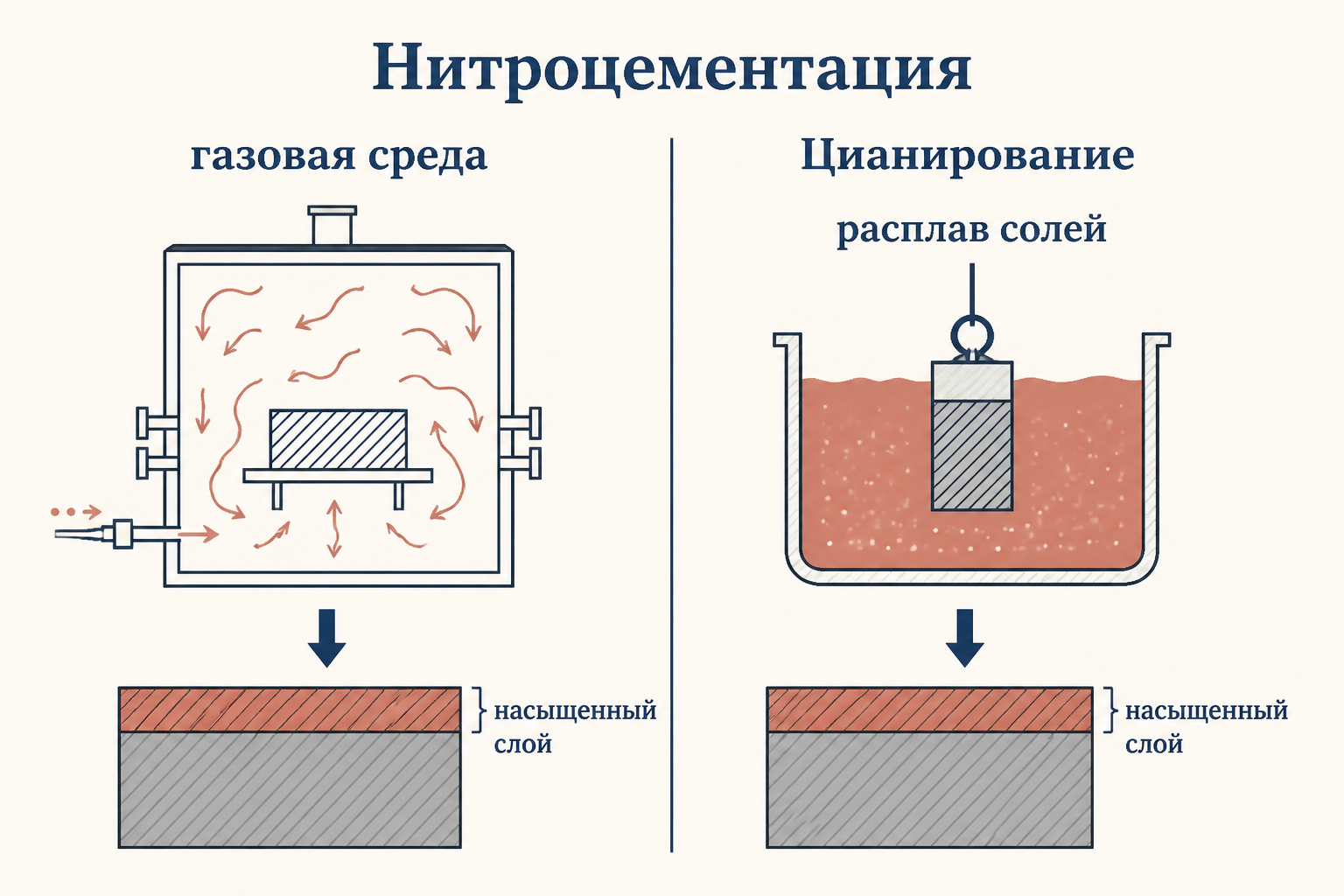 Сечение детали: твёрдый поверхностный слой и вязкая сердцевина, в которые из горячей среды диффундируют атомы углерода и азота