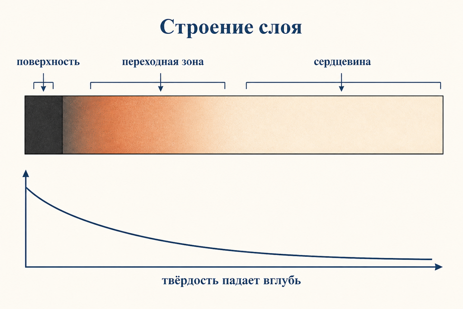 Строение диффузионного слоя по глубине: тёмная поверхность, переходная зона, светлая сердцевина и кривая падения твёрдости вглубь