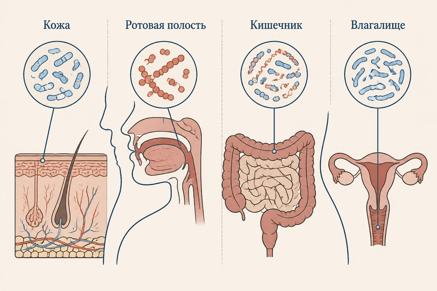 Схема биотопов нормальной микрофлоры: кожа, кишечник, ротовая полость, дыхательные пути