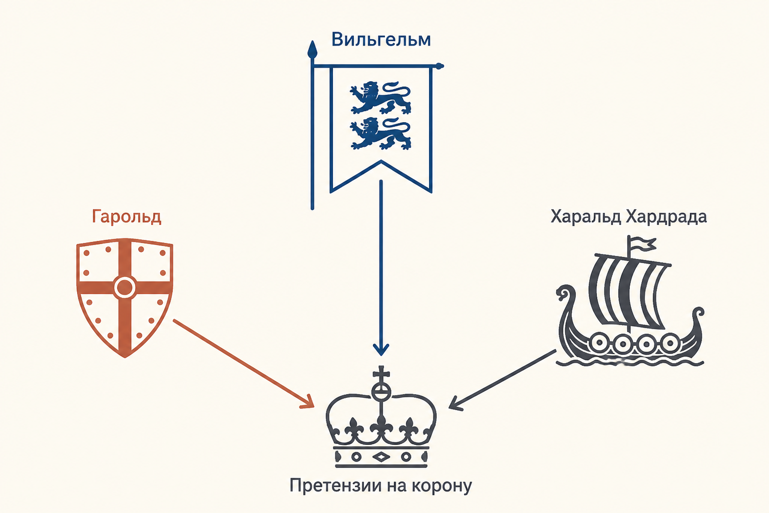 Три претензии на английскую корону после смерти Эдуарда: Гарольд, Вильгельм и Харальд Хардрада
