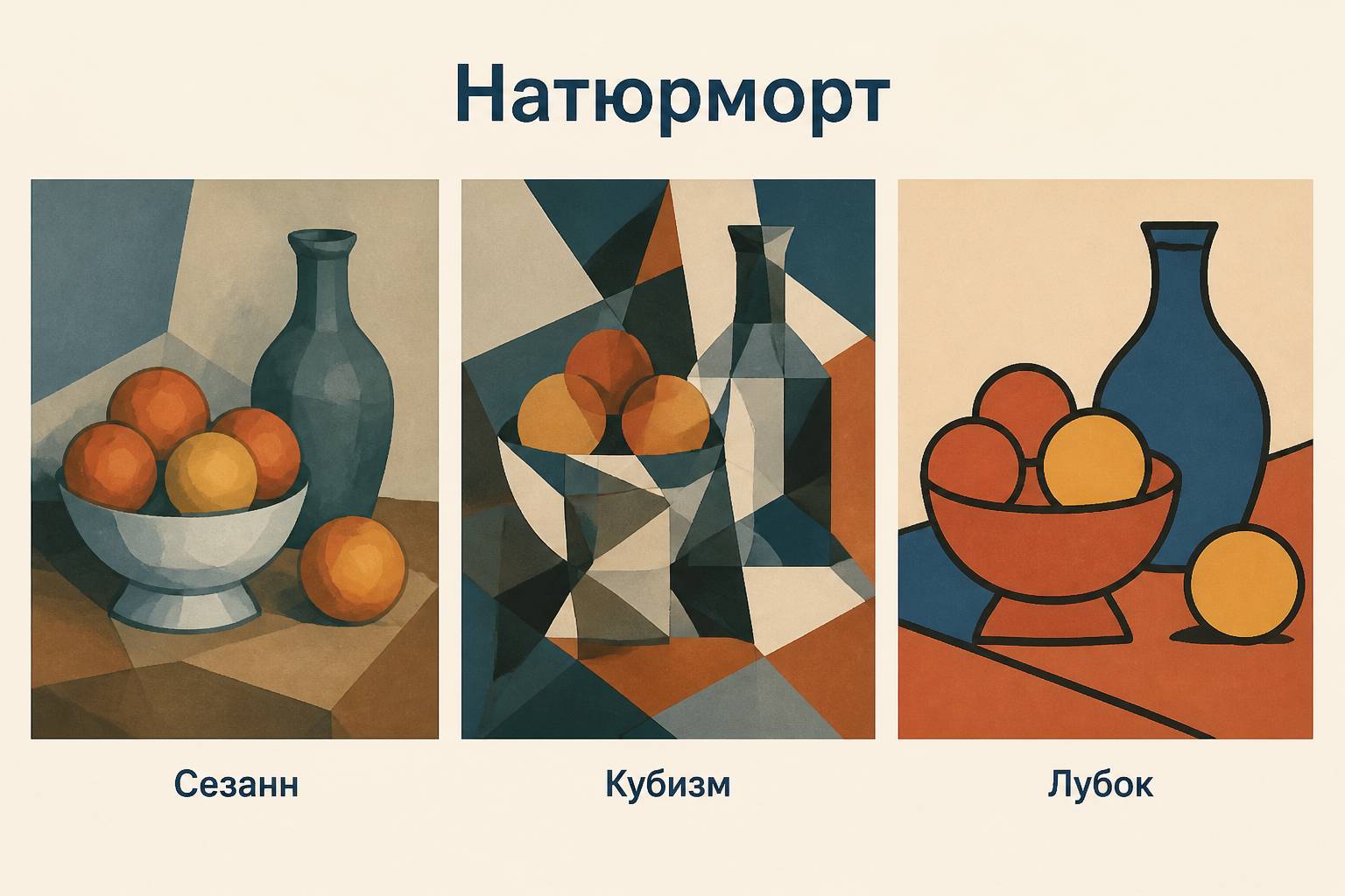 Учебная схема натюрморта: крупные цветовые массы, плоскости и подписи «Сезанн», «Кубизм», «Натюрморт»