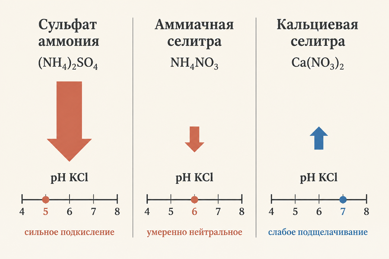 Схема влияния разных видов удобрений на pH KCl - стрелки изменения кислотности