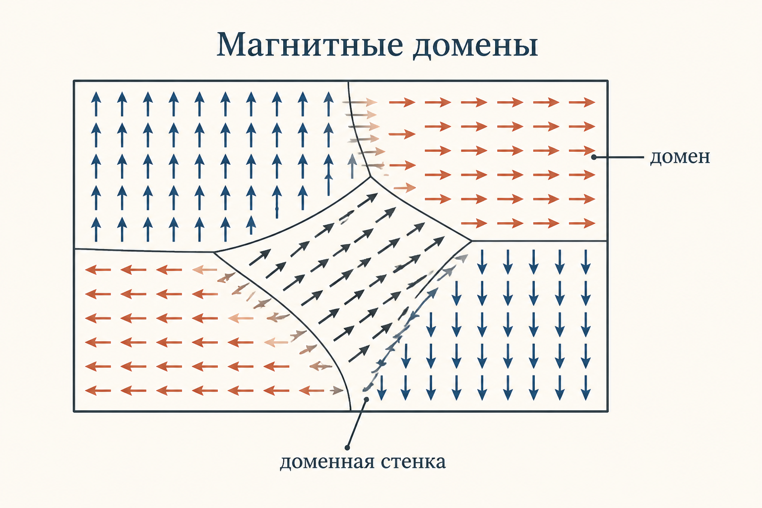 Ферромагнетик разбит на магнитные домены с разным направлением намагниченности, разделённые доменными стенками, что минимизирует внешнее поле