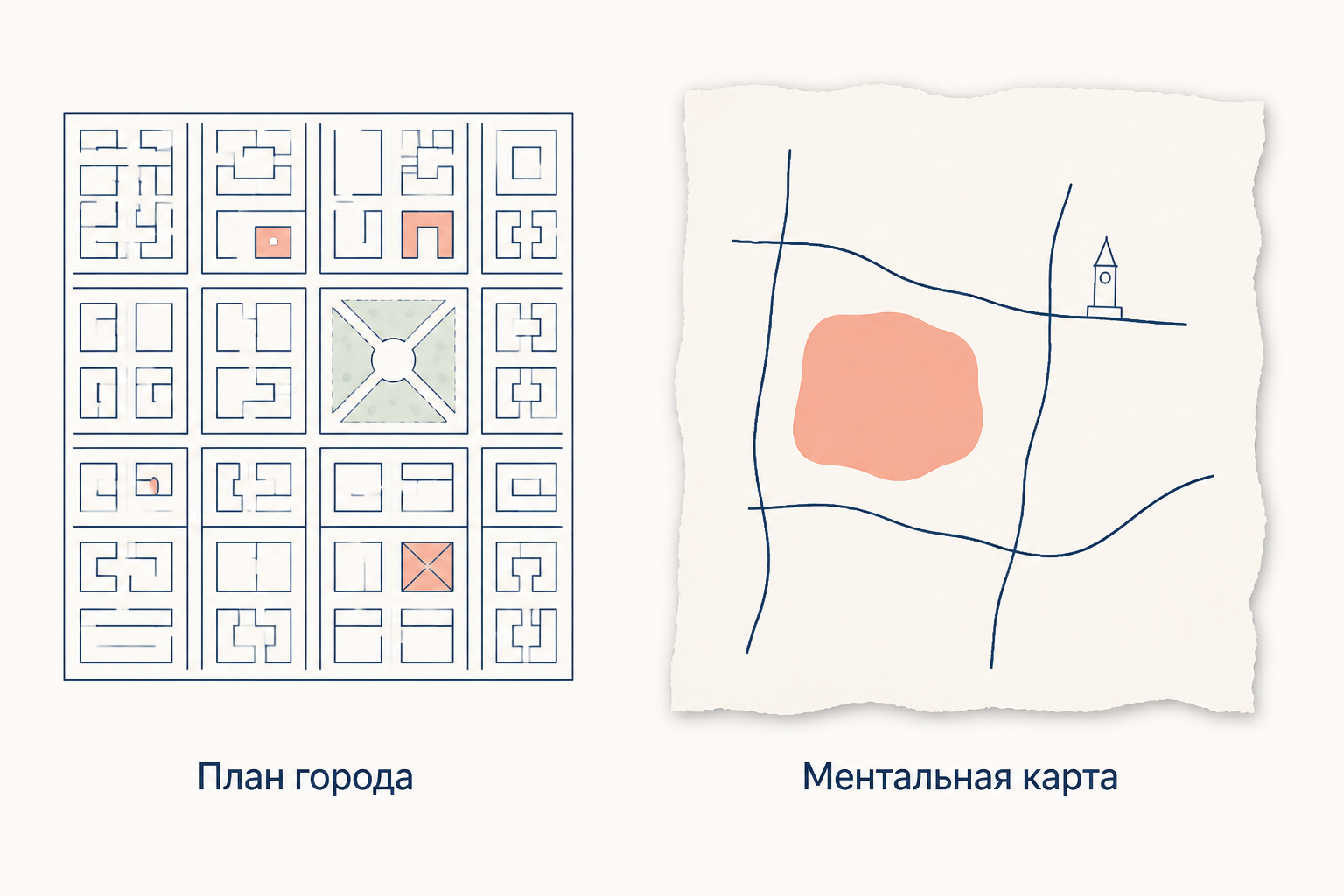 Точный план города рядом с искажённой ментальной картой, нарисованной жителем от руки