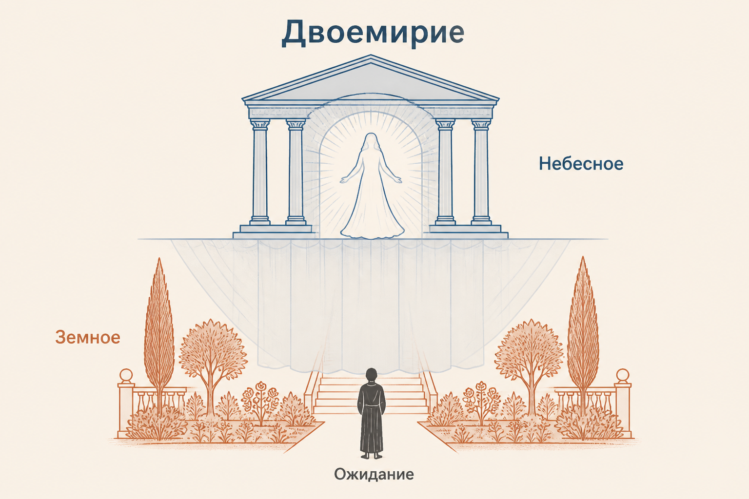 Светлый женский силуэт за полупрозрачной завесой между земным садом и сияющим храмом, подписи «Земное» и «Небесное»