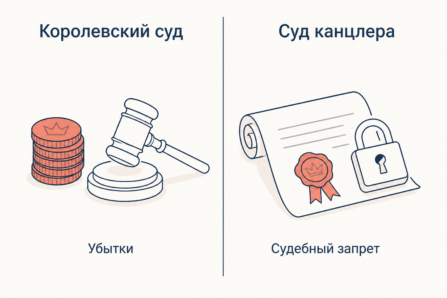 Сопоставление двух систем английского права: королевские суды присуждают убытки, суд канцлера выдаёт запрет и понуждает к исполнению в натуре
