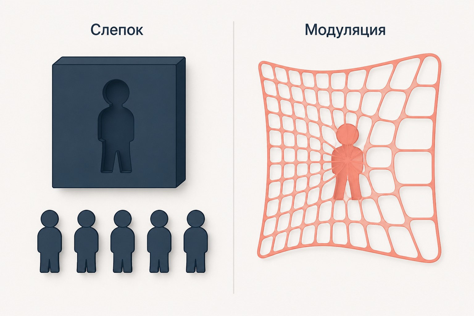Слепок и модуляция: слева жёсткая форма отливает одинаковые фигуры, справа гибкая сетка непрерывно меняет ячейки и форму человека внутри