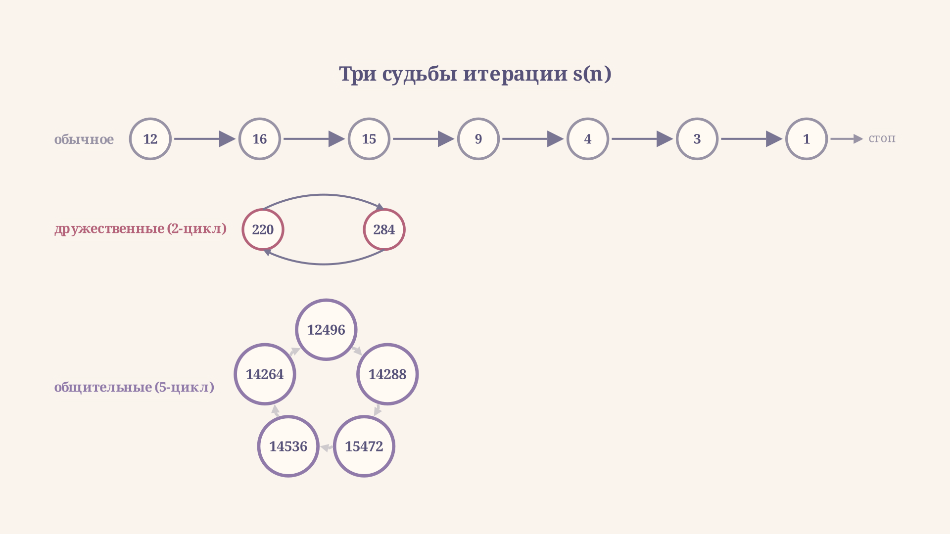Три судьбы итерации s(n): обычное число даёт цепочку, обрывающуюся на единице; дружественная пара 220 и 284 образует цикл из двух чисел; общительные числа 12496, 14288, 15472, 14536, 14264 образуют цикл из пяти