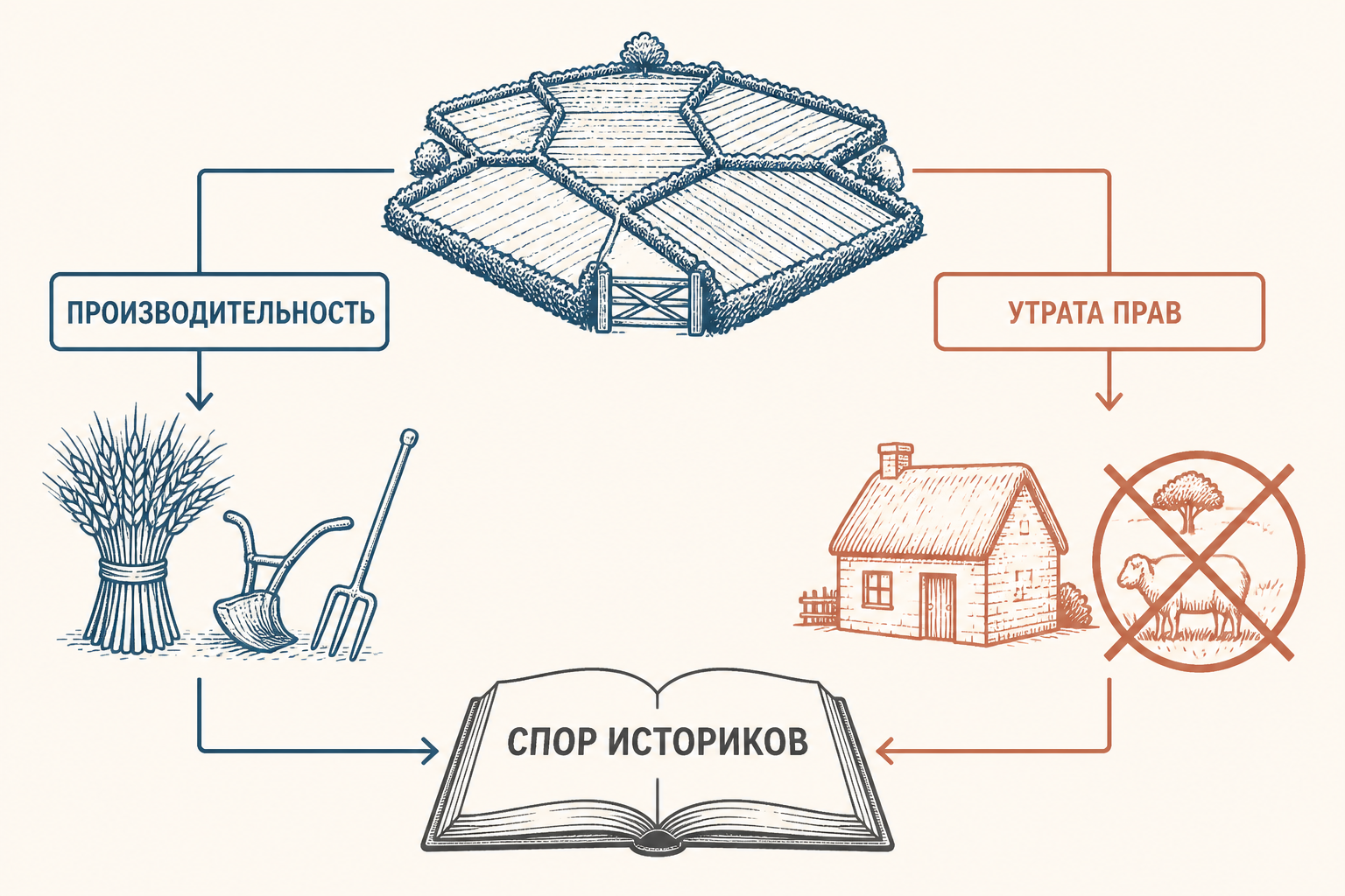 Схема исторического спора об огораживаниях: рост производительности и товарного хозяйства сопоставлен с утратой общинных прав и ростом уязвимости бедных семей