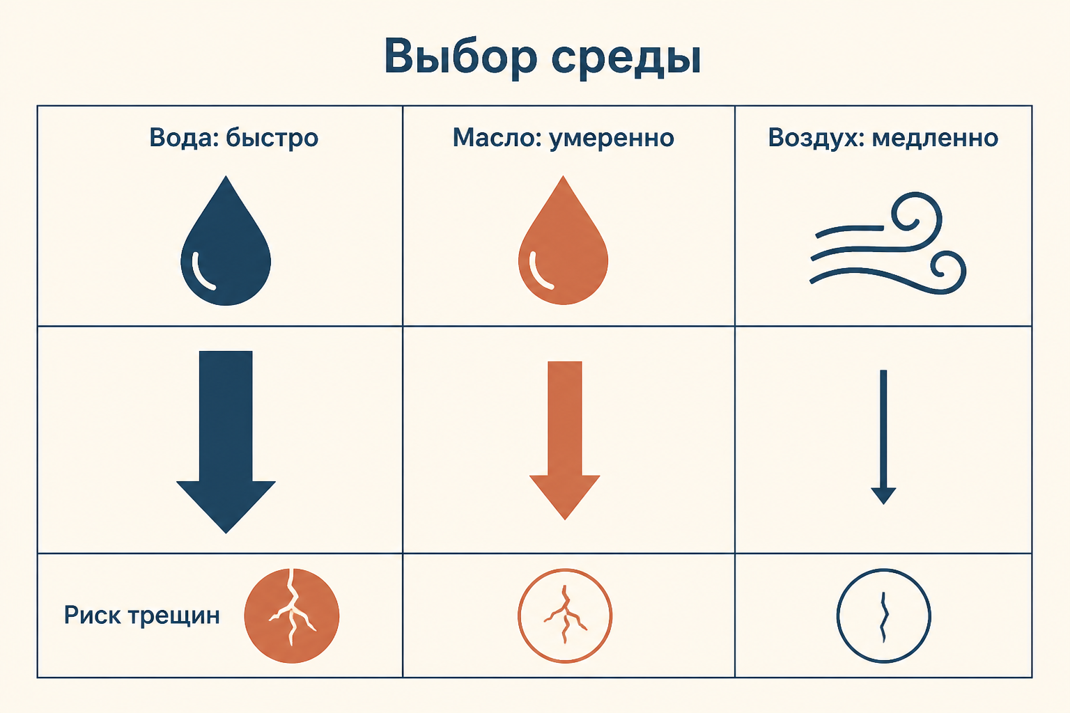 Сравнение охлаждающих сред: вода охлаждает быстро с высоким риском трещин, масло умеренно, воздух медленно и безопасно