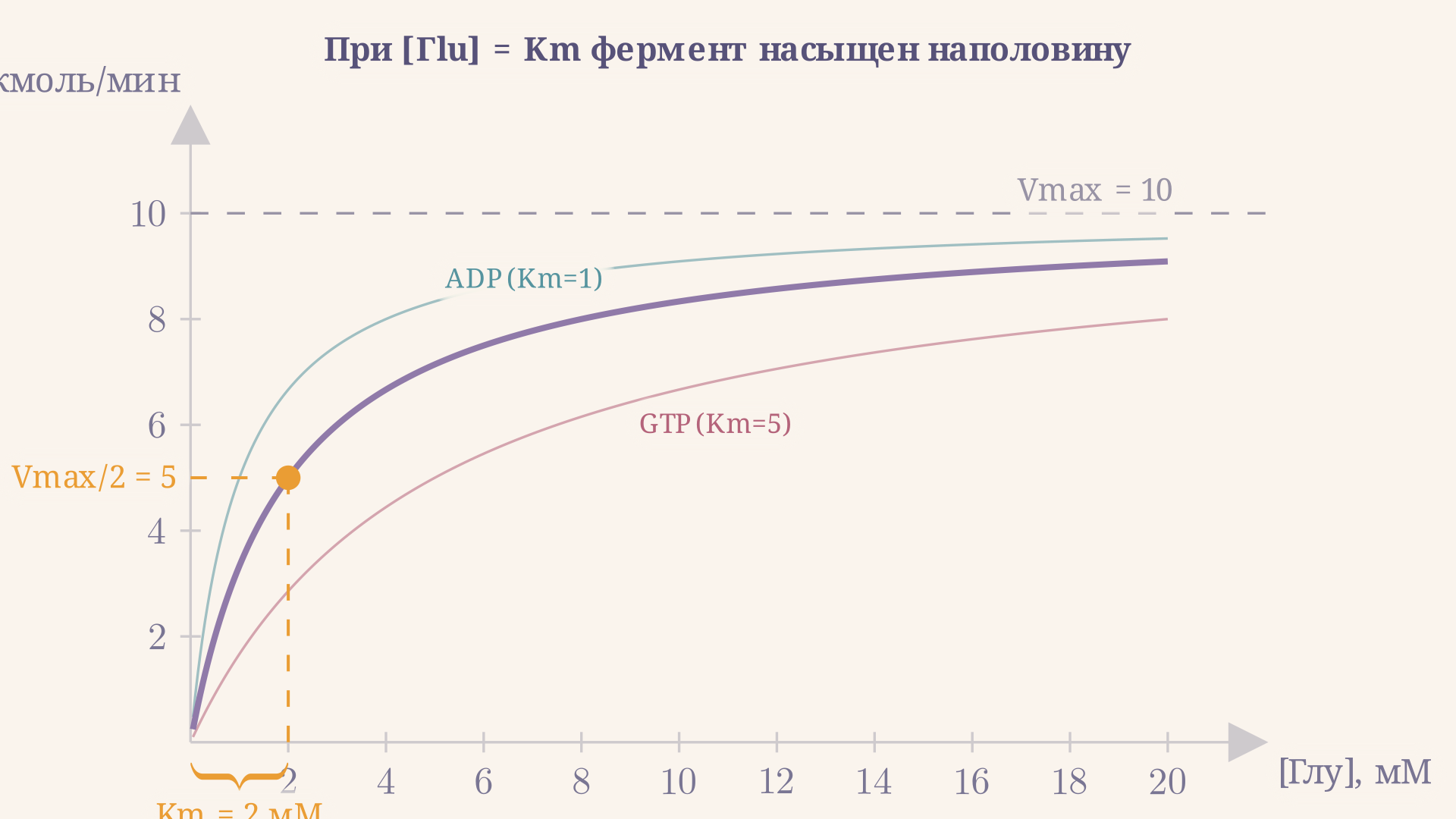 Кривая насыщения GLUD1: при Km = 2 мМ достигается полунасыщение, при 10 мМ фермент работает на 83% от Vmax