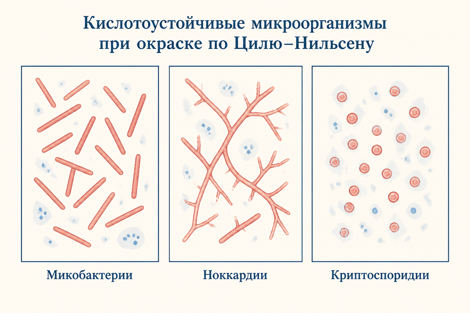 Сравнительная морфология кислотоустойчивых микроорганизмов в ZN-мазке: микобактерии, ноккардии, ооцисты