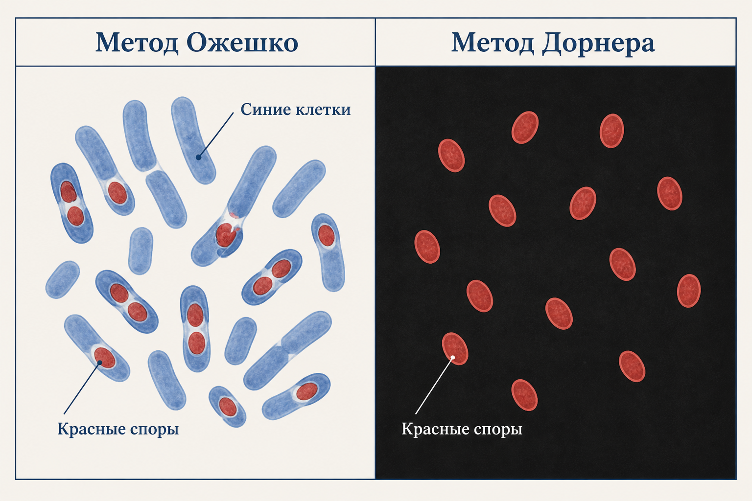 Сравнение методов окраски спор: Ожешко и Дорнер - отличия результатов