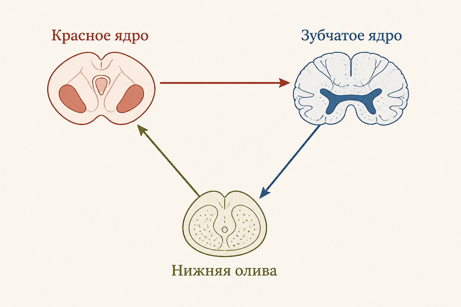 Схема треугольника Гийена-Молларе: нижняя олива, красное ядро и ядро Дейтерса связаны в контур, поражение которого приводит к гипертрофии оливы