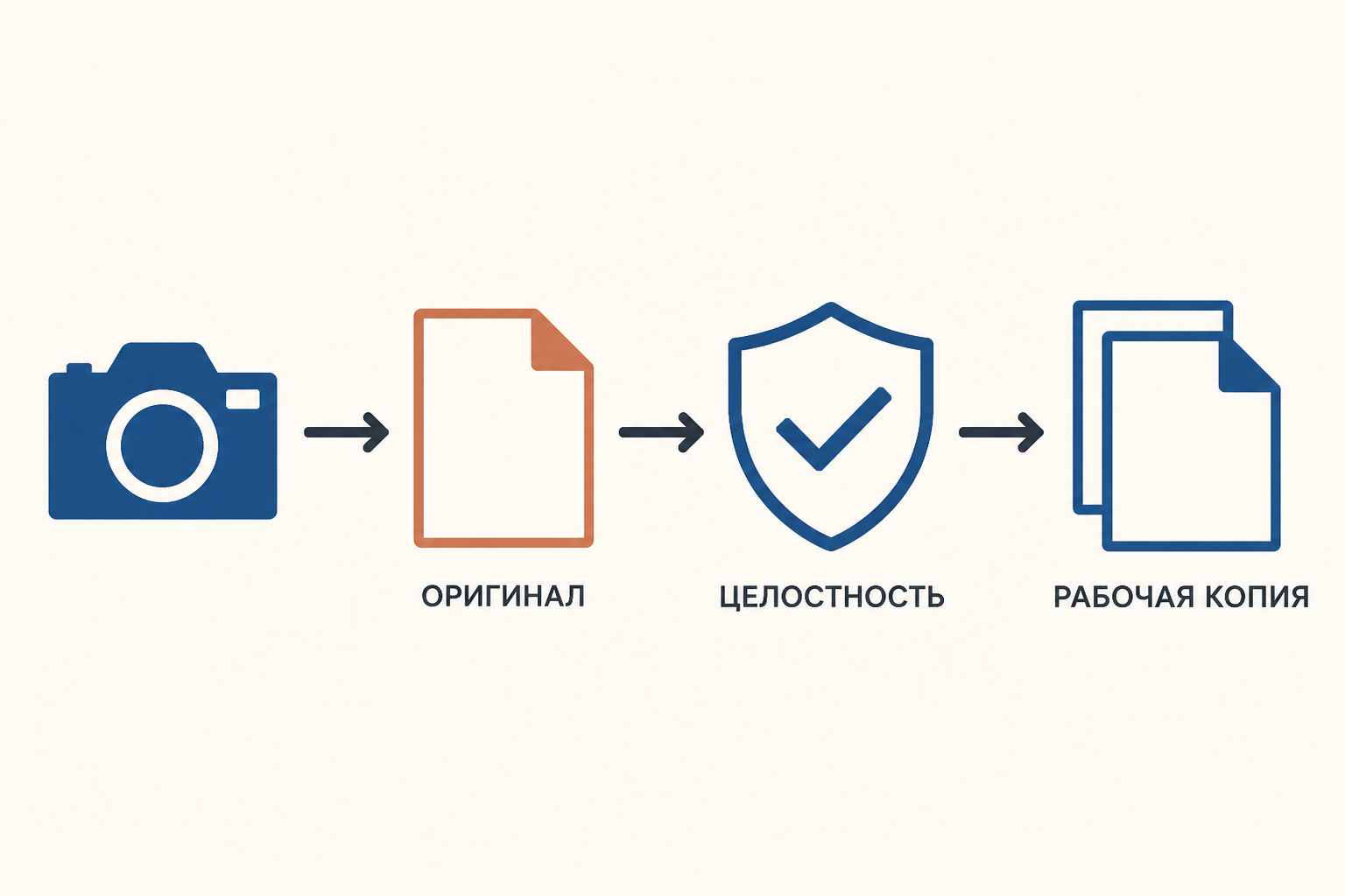 Схема цифровой фиксации: оригинальный файл, контроль качества и рабочая копия для исследования
