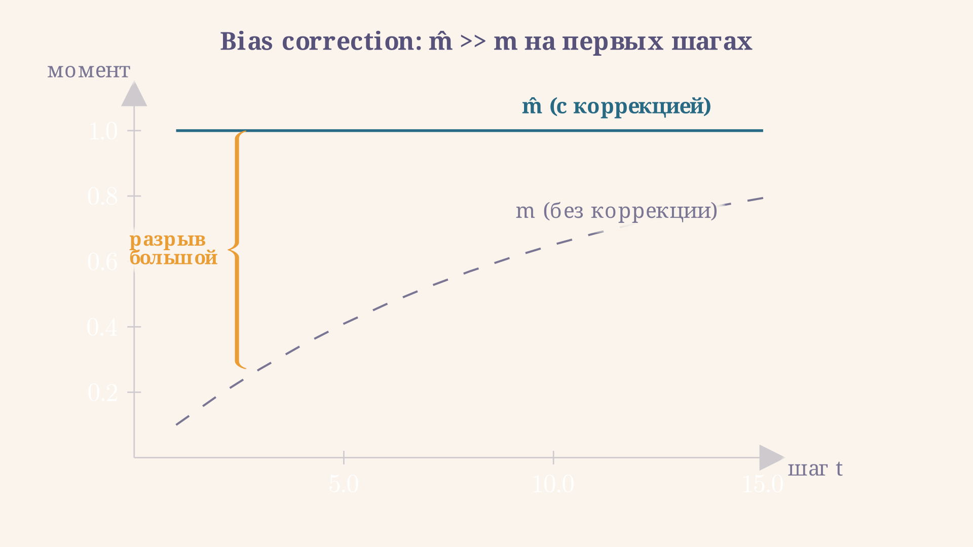 Bias correction в Adam: без коррекции (пунктир) момент m сильно занижен на первых шагах; с коррекцией (сплошная) моменты сразу близки к истинному значению
