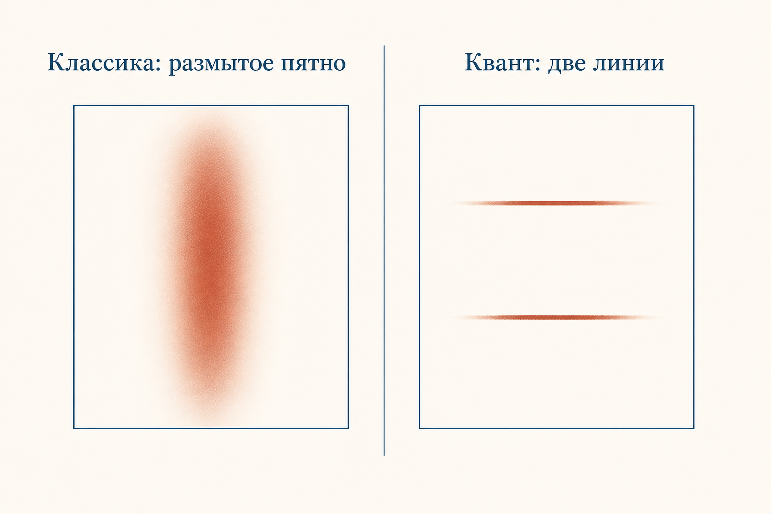 Сравнение классического предсказания в виде размытой полосы и квантового результата с двумя дискретными линиями расщепления пучка