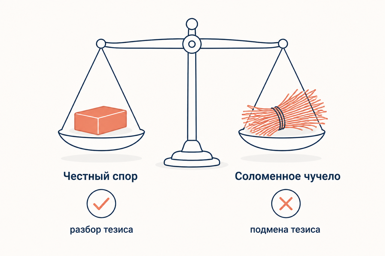 Весы сравнивают честный спор и соломенное чучело: на одной чаше аккуратный разбор тезиса, на другой подмена тезиса связкой соломы