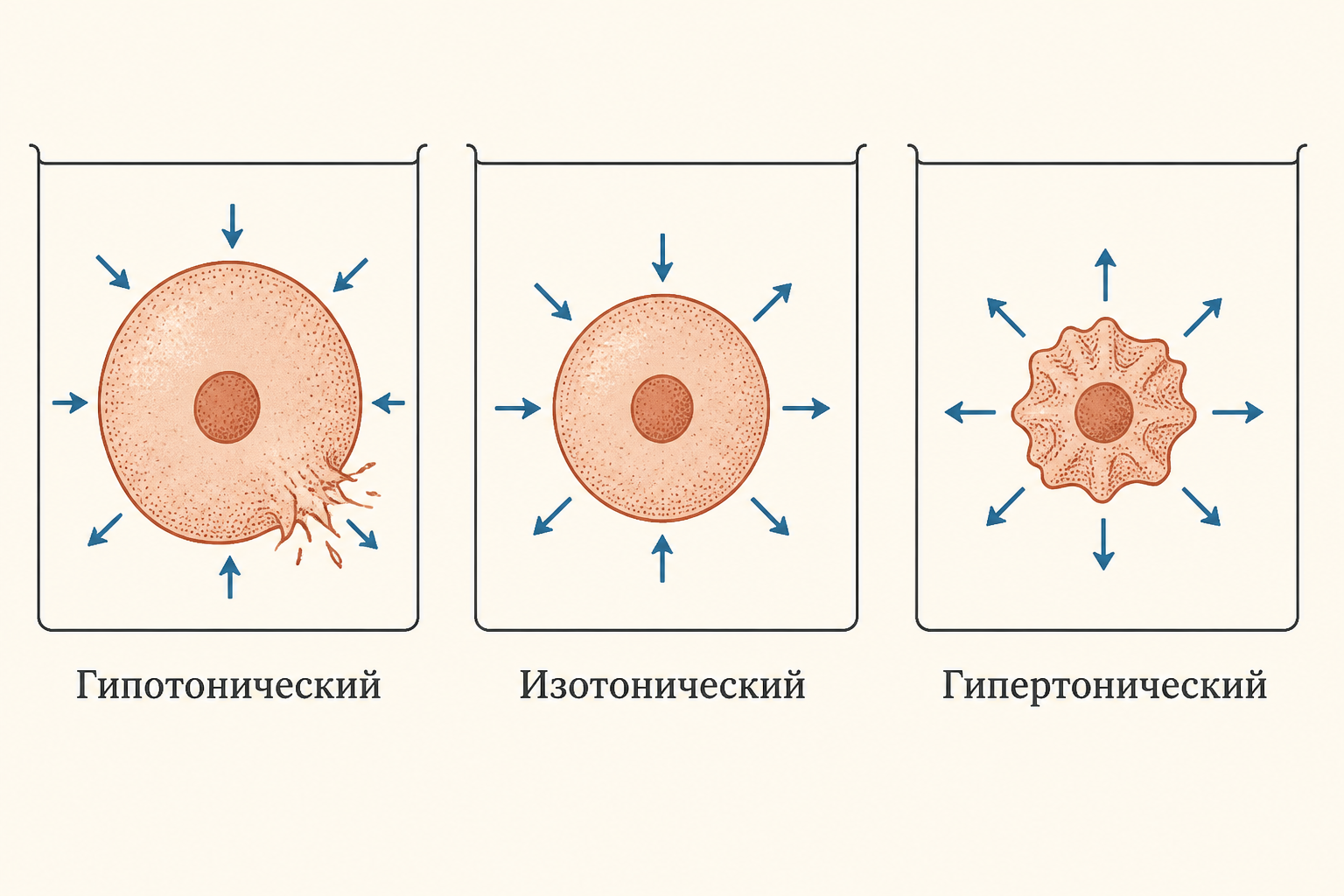 Три клетки в гипотоническом, изотоническом и гипертоническом растворе: набухание, норма и сморщивание