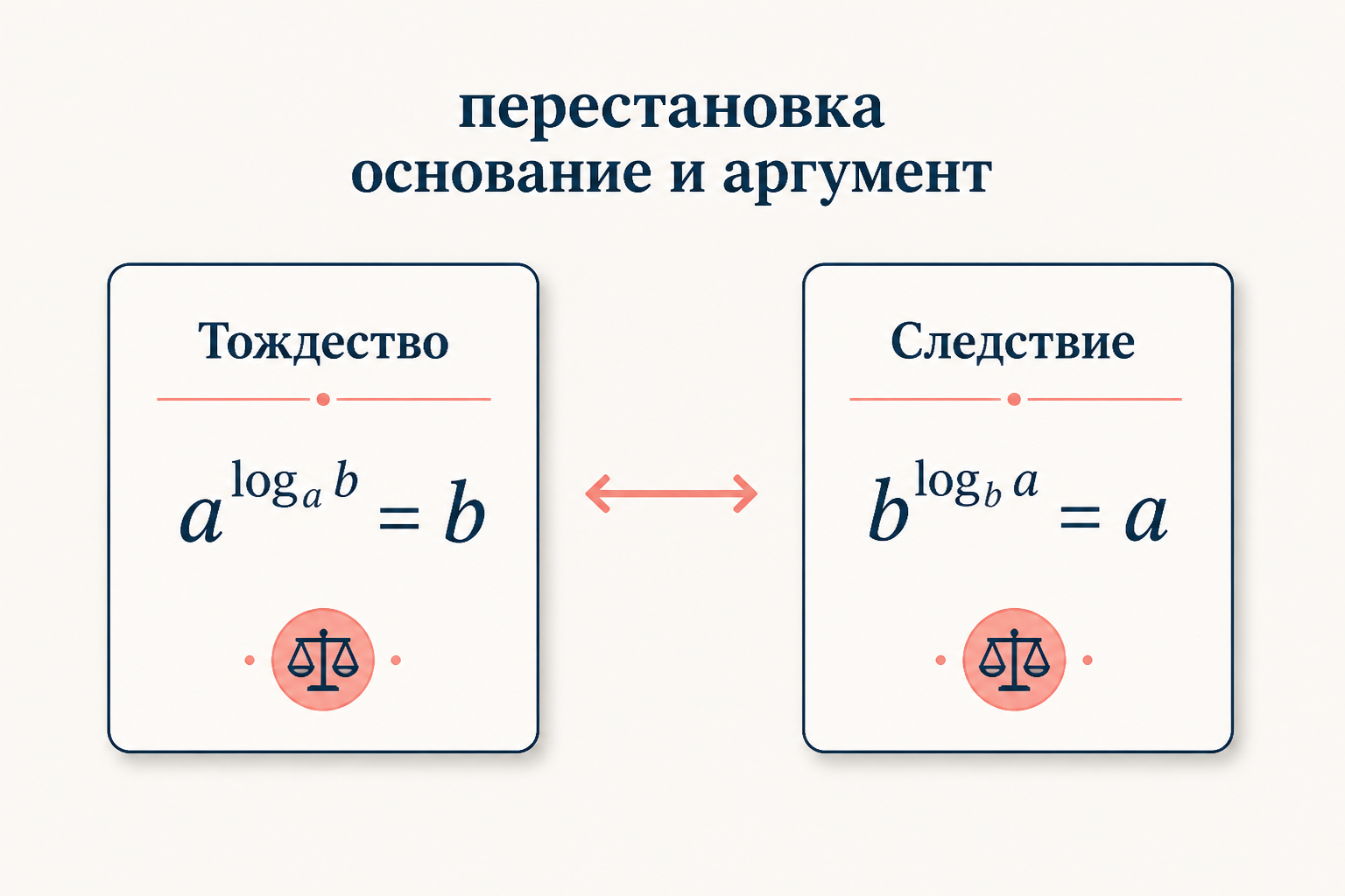 Сравнение основного тождества и его следствия: перестановка чисел в основании степени и под логарифмом
