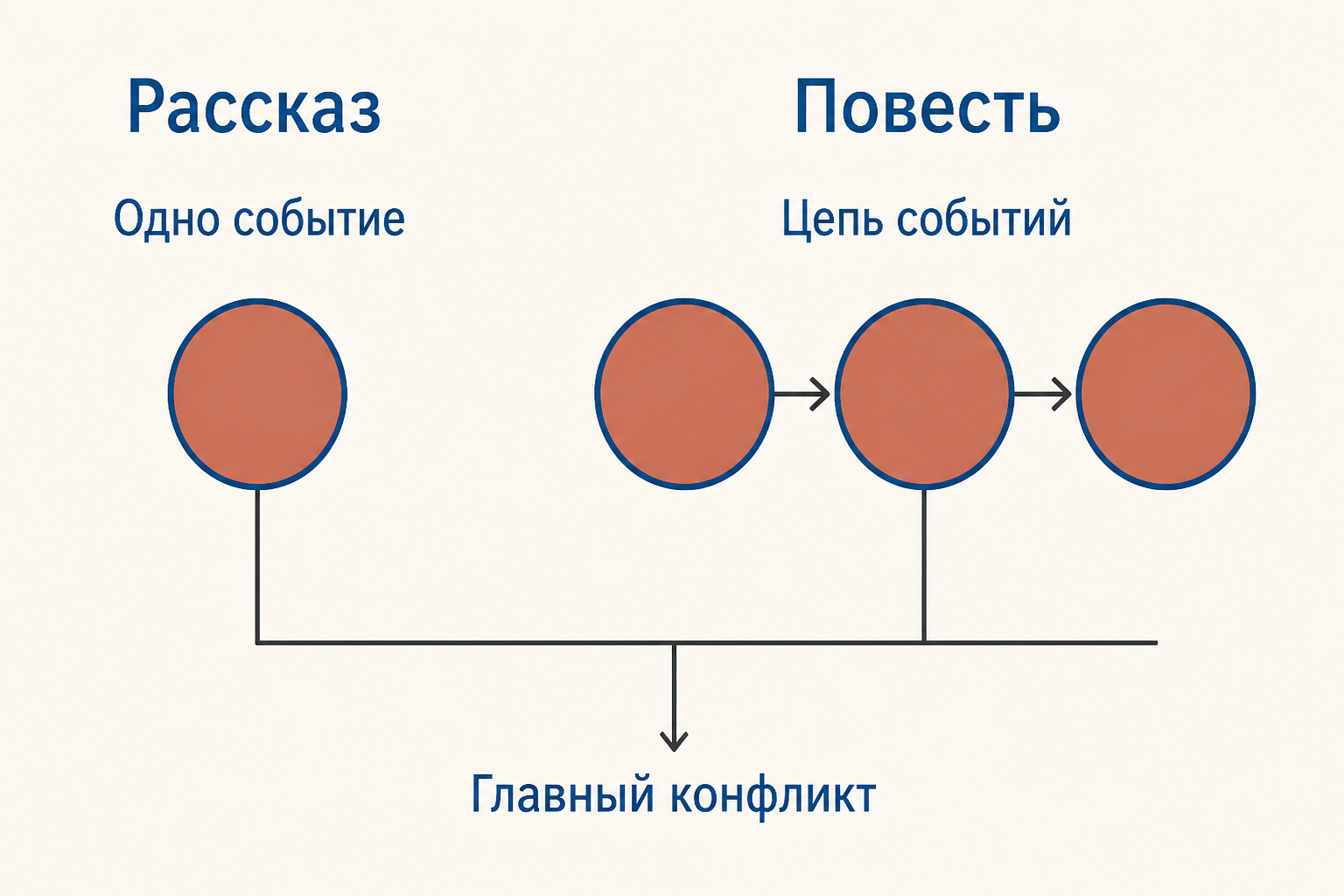 Схема масштаба жанров: одно событие рассказа и цепочка событий повести