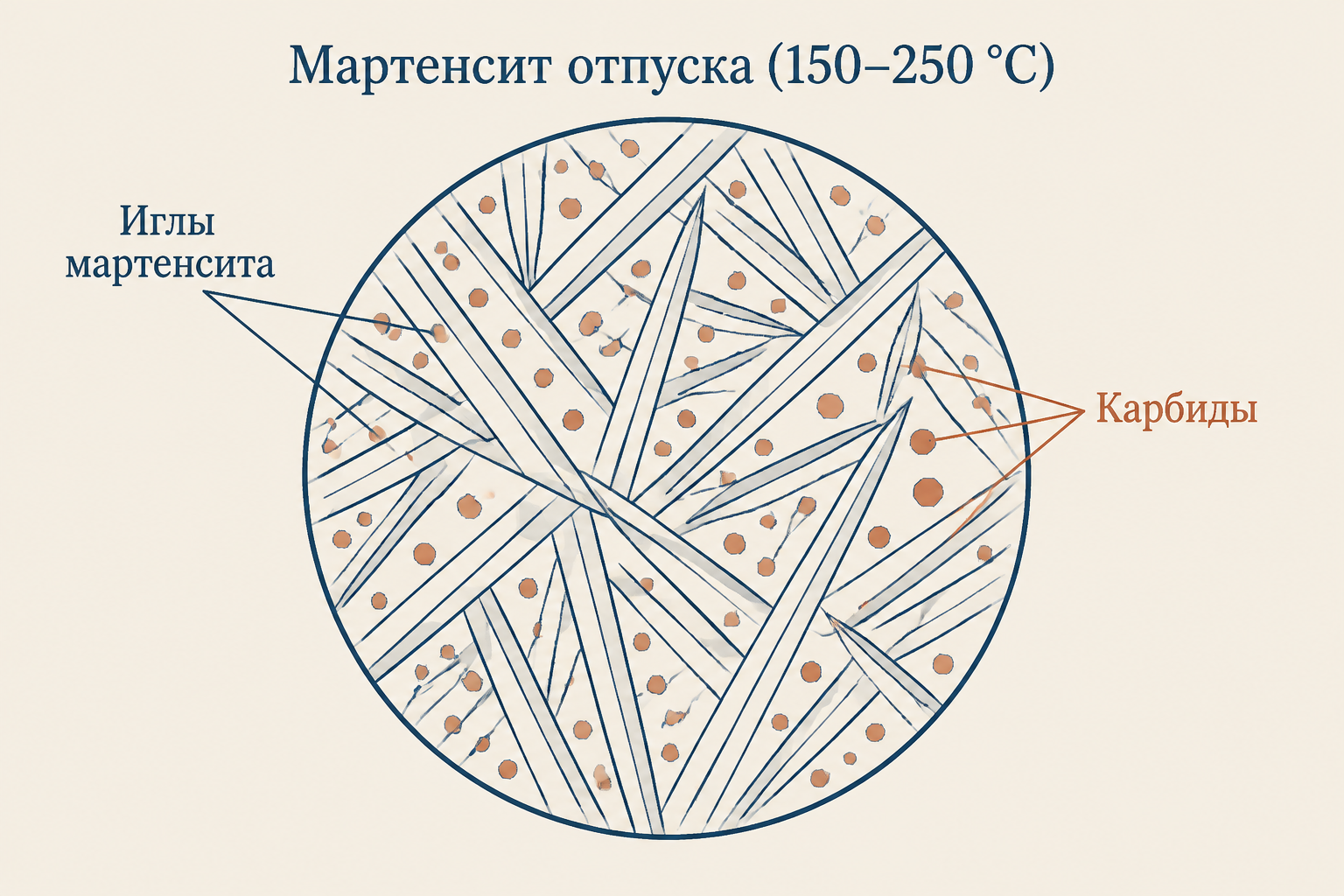 Мартенсит отпуска: игольчатая структура после низкого отпуска стали 150-250 °C