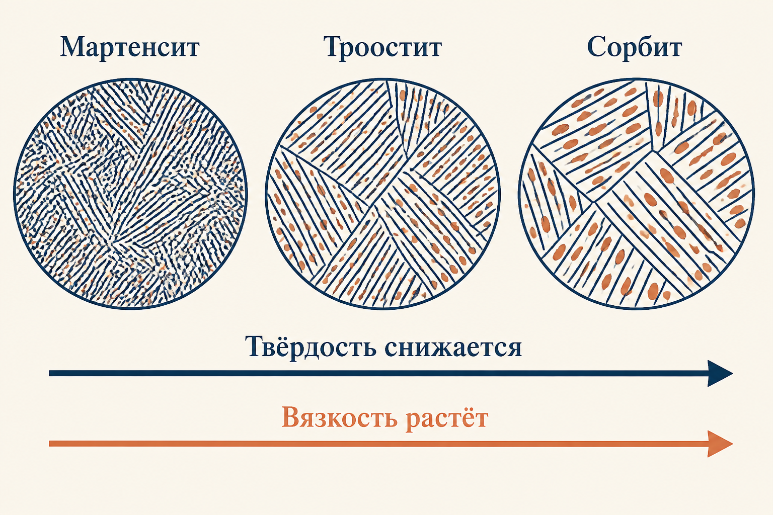 Сравнение структур сорбита, троостита и мартенсита отпуска при разных температурах