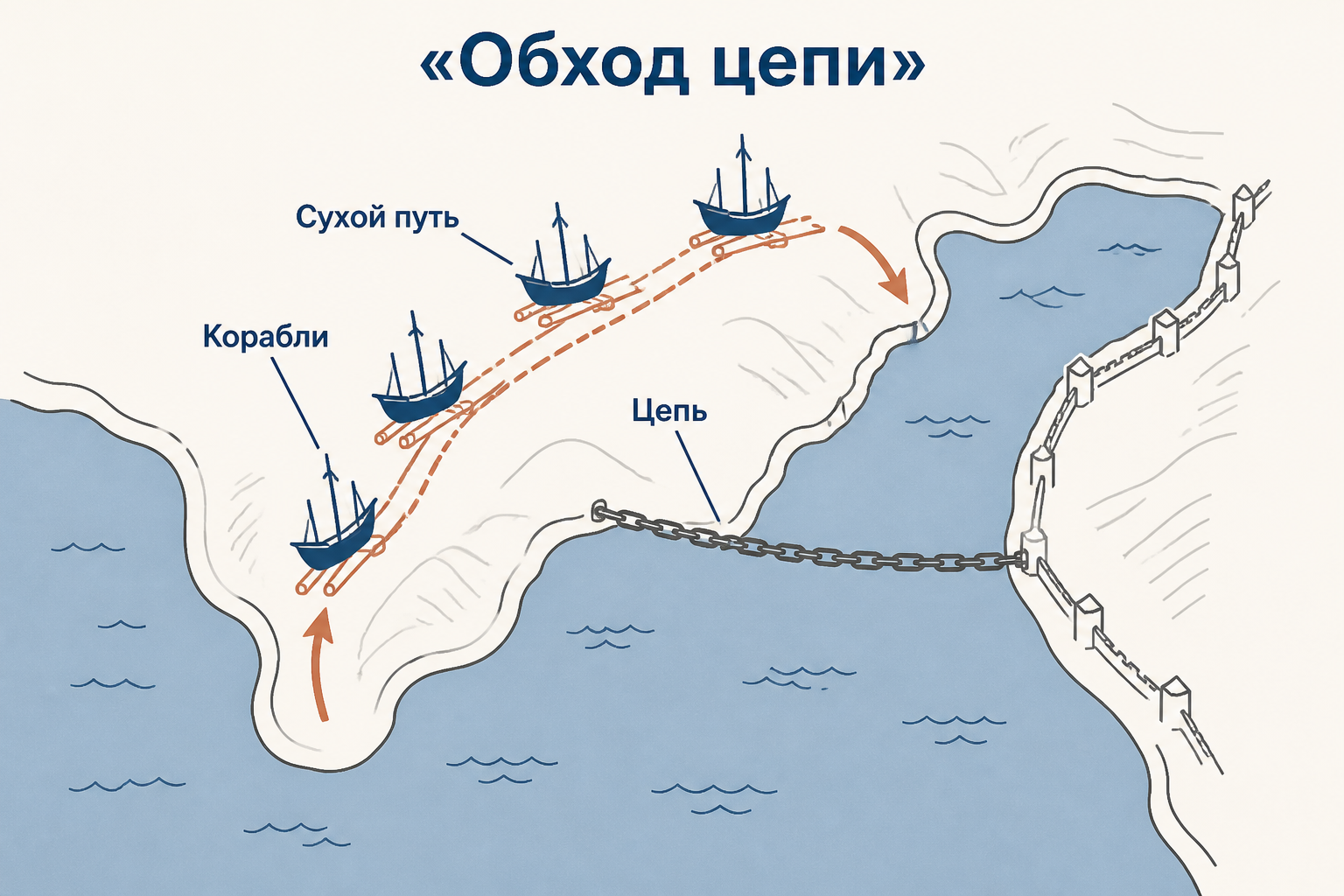 Учебная схема: османские корабли обходят цепь и входят в Золотой Рог по сухопутному пути
