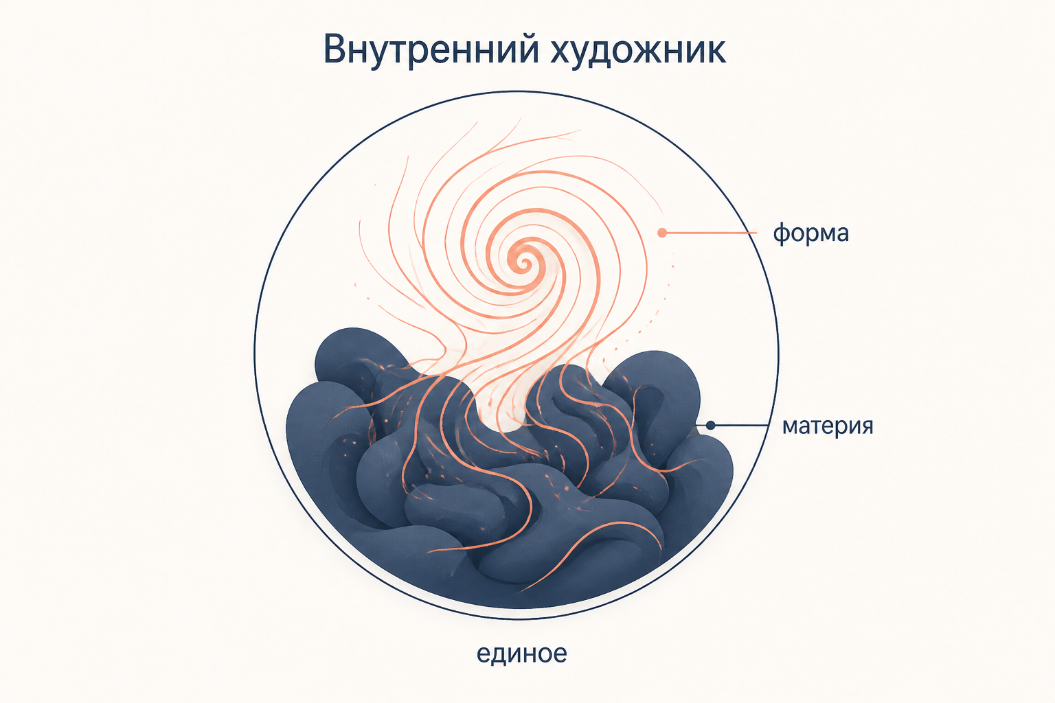 Схема: коралловая спираль формы изнутри формирует тёмную массу материи, и обе заключены в круг единого, как в диалоге Бруно «О причине, начале и едином»