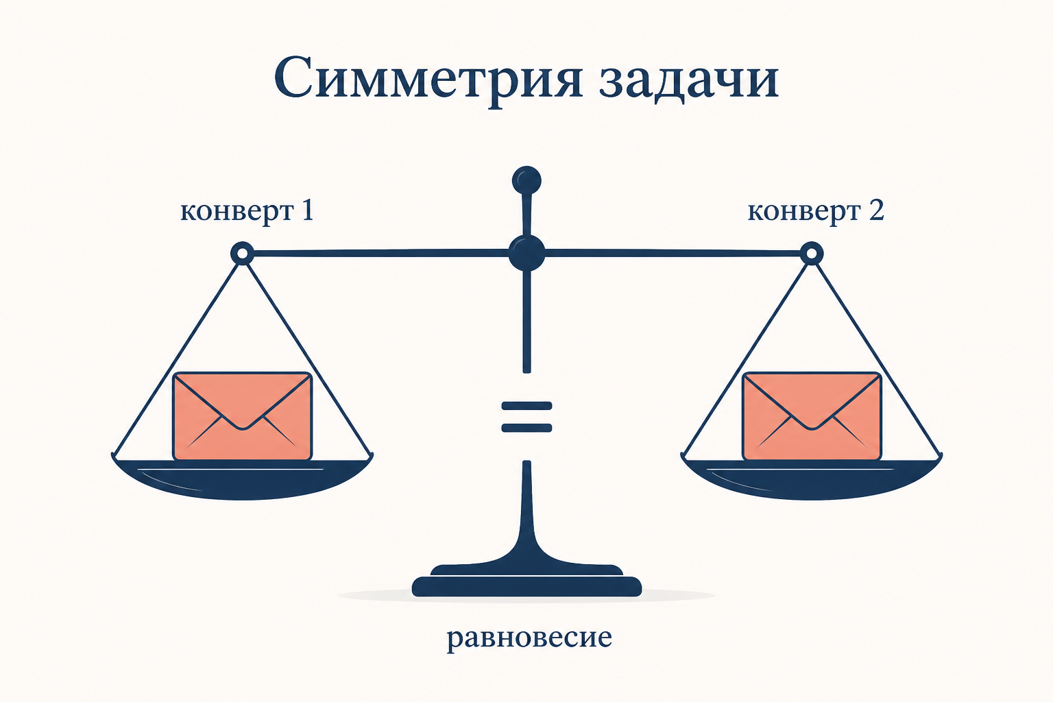 Два запечатанных конверта на чаше весов в равновесии, подпись над схемой раскрывает суть симметрии задачи
