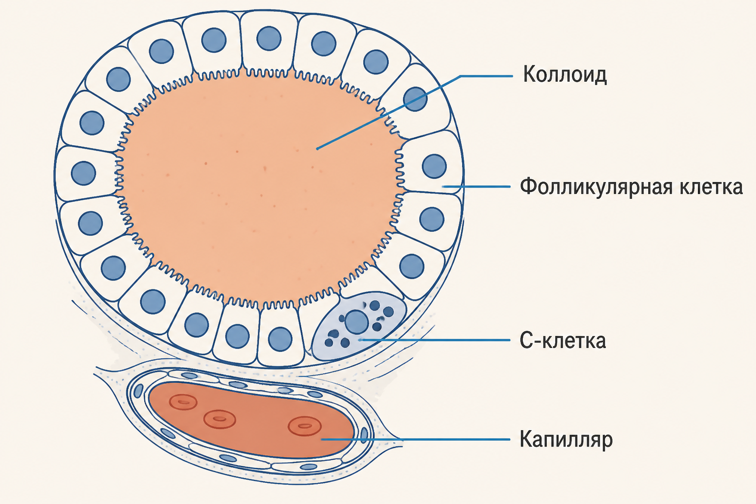 Схема фолликула щитовидной железы показывает коллоид, фолликулярную клетку, C-клетку у базальной поверхности и капилляр