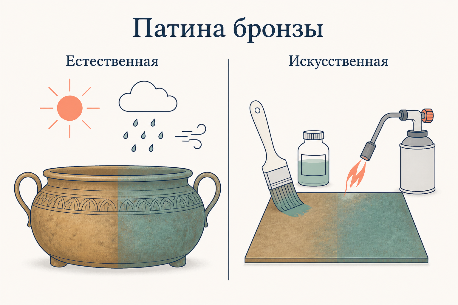 Сравнение естественной патины, которая растёт под солнцем и дождём годами, и искусственной, которую мастер наносит кистью и нагревом за часы