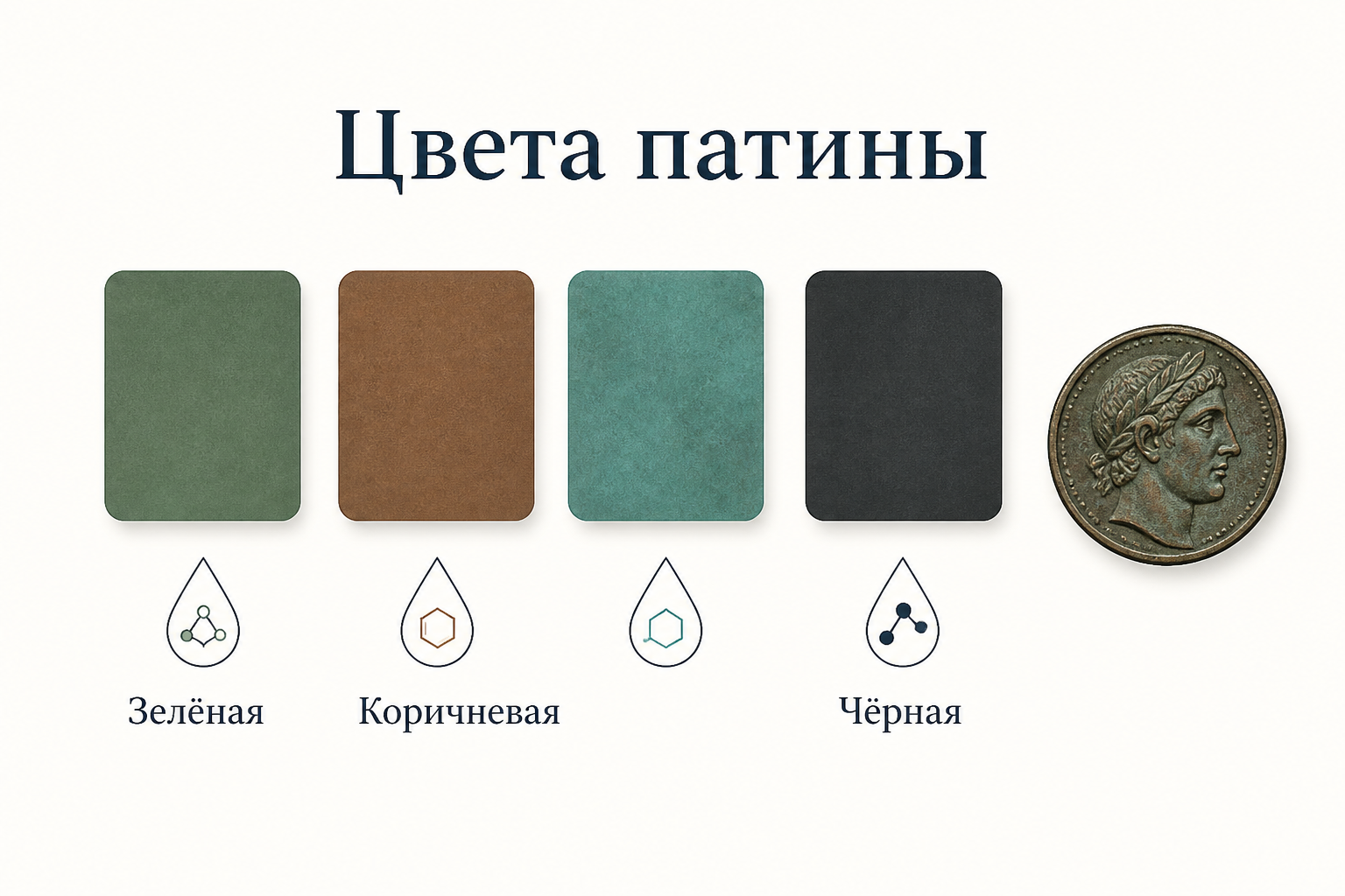 Палитра патины: зелёная, коричневая, сине-зелёная и чёрная, каждая получается своим химическим составом