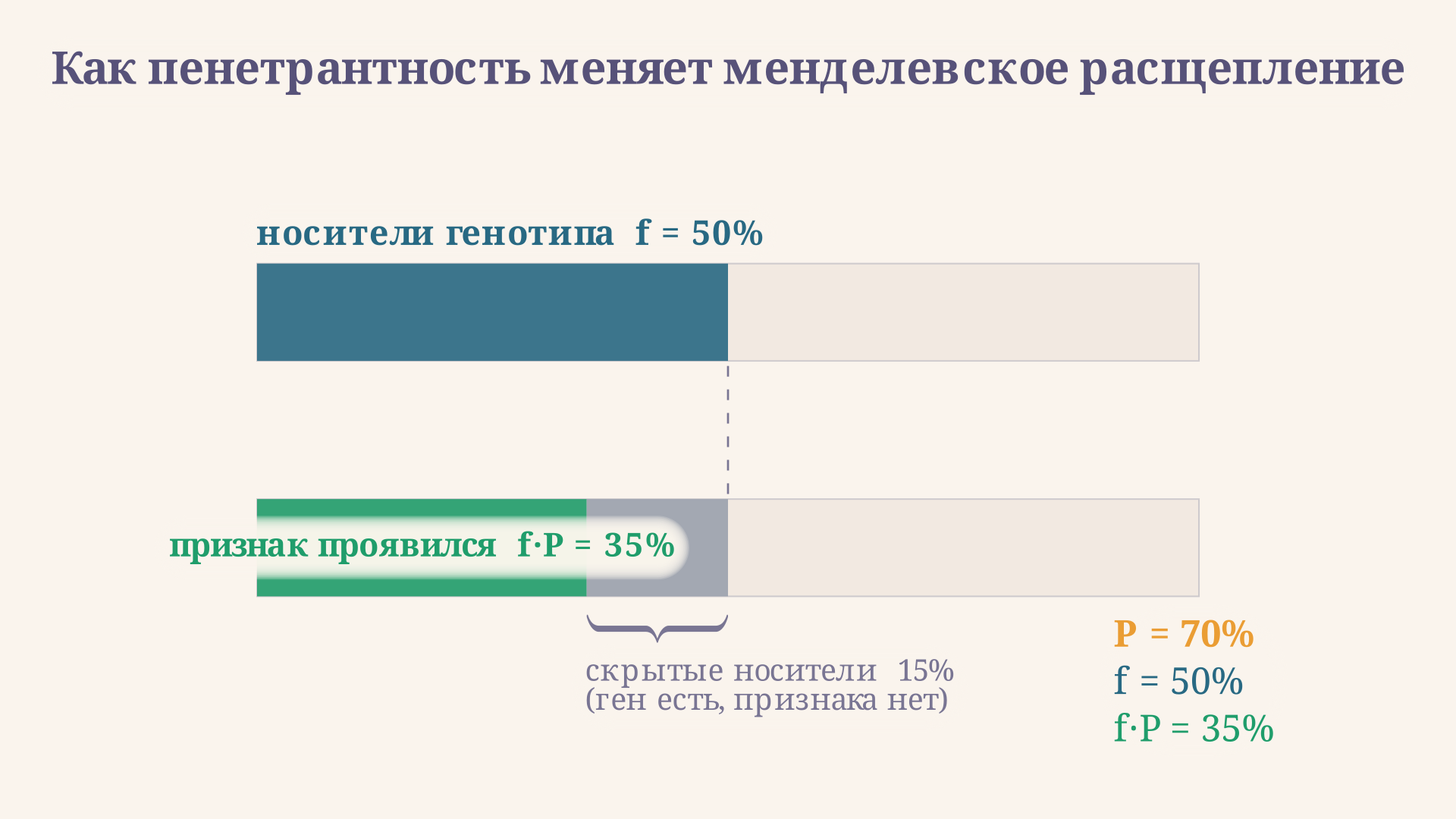 Менделевское расщепление 50% носителей генотипа против реального проявления 35% при пенетрантности 70%: разница - это скрытые носители, у которых ген есть, а признака нет