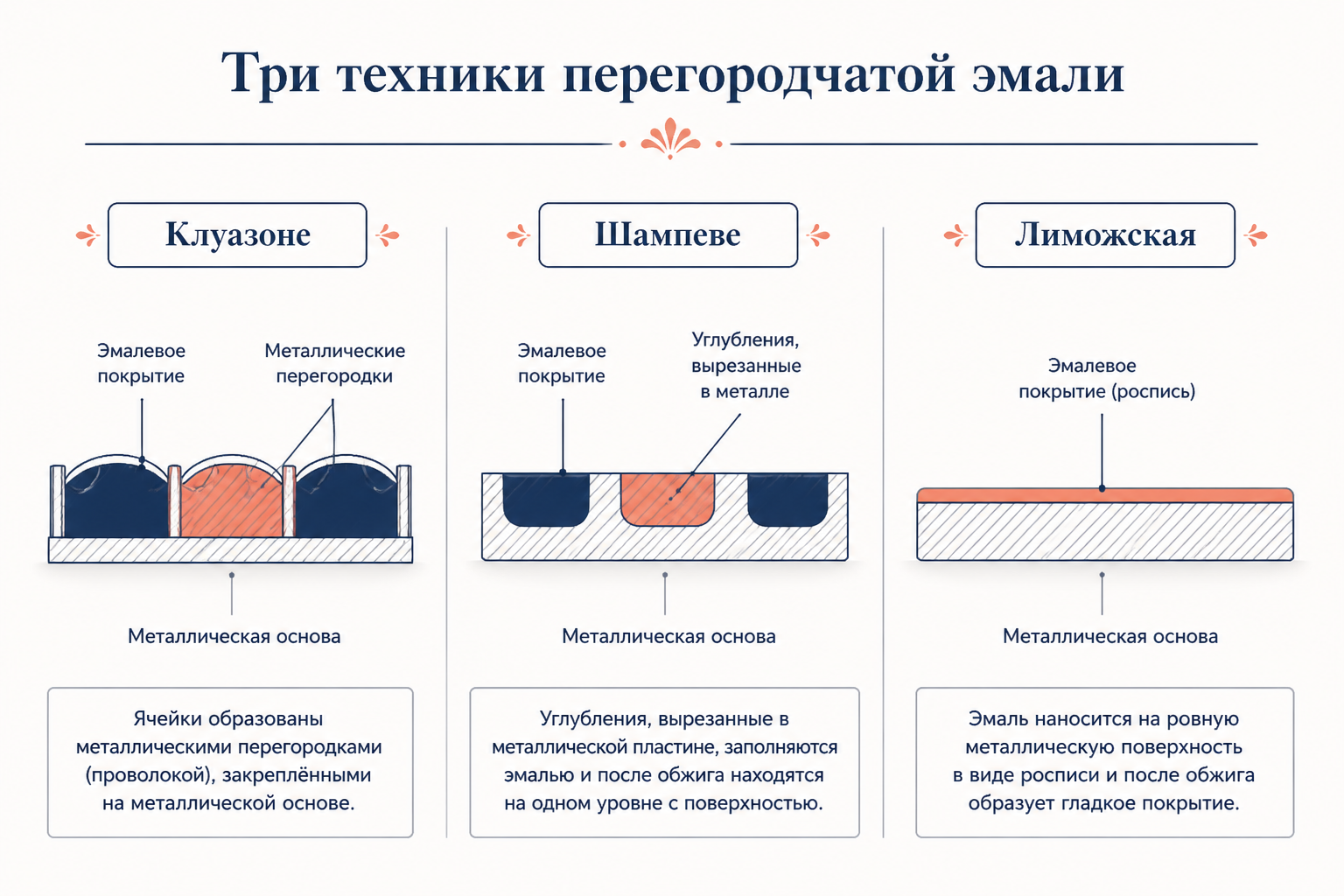 Сравнительная схема трёх техник: клуазоне с проволочными перегородками, шампеве с углублениями в металле, лиможская с нанесением эмали поверх
