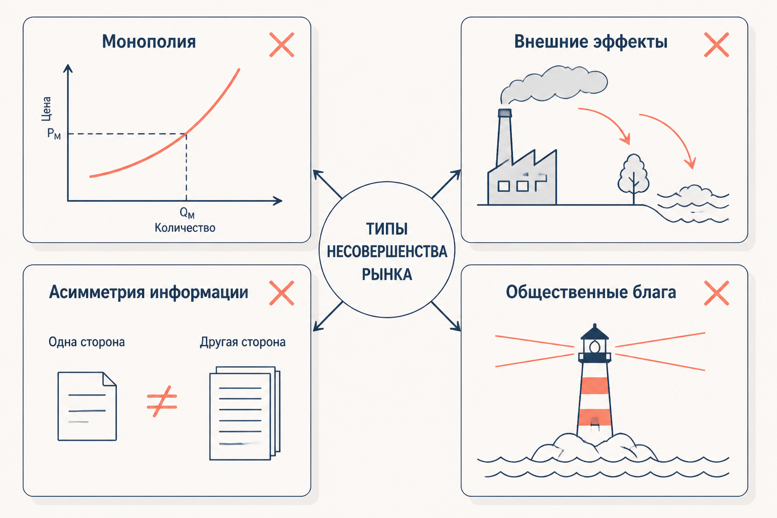 Карта провалов рынка: внешние эффекты, монополия, информационная асимметрия, общественные блага