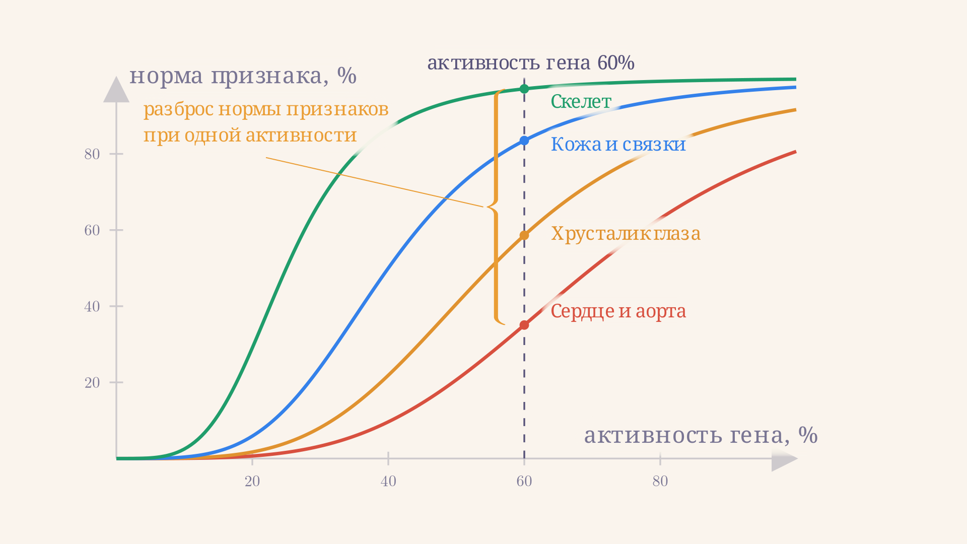 Кривые дозового ответа: норма каждого признака как функция активности гена, вертикальная линия отмечает текущий уровень и показывает, какой признак уже провалился