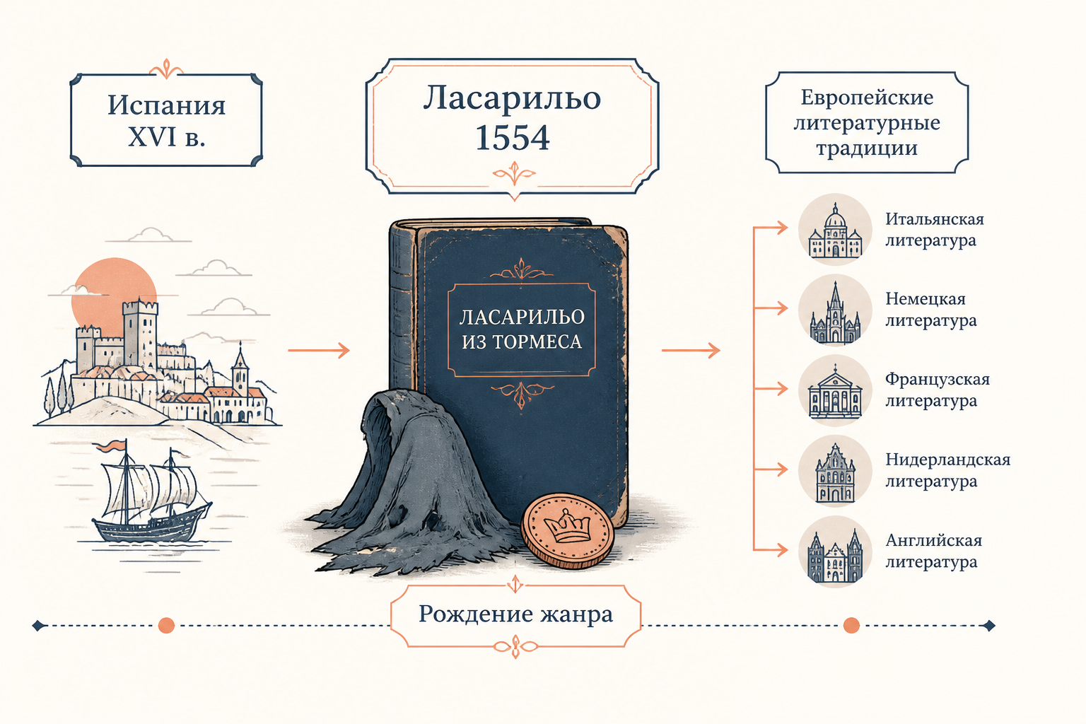 Схема происхождения пикарески: Испания XVI века, кризис иерархии, рождение жанра