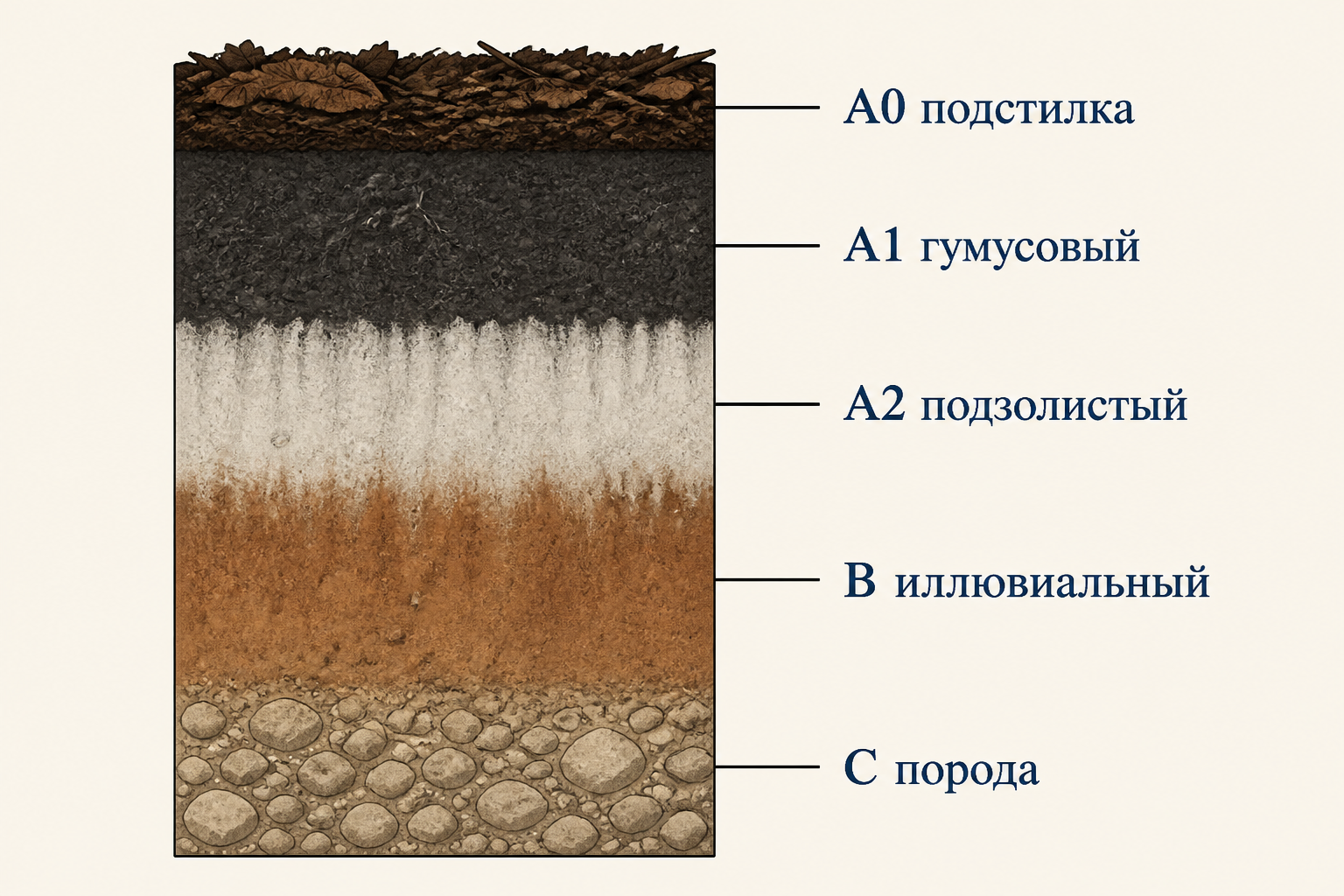 Строение профиля подзолистой почвы: горизонты A0, A1, A2, B, C с цветовой дифференциацией