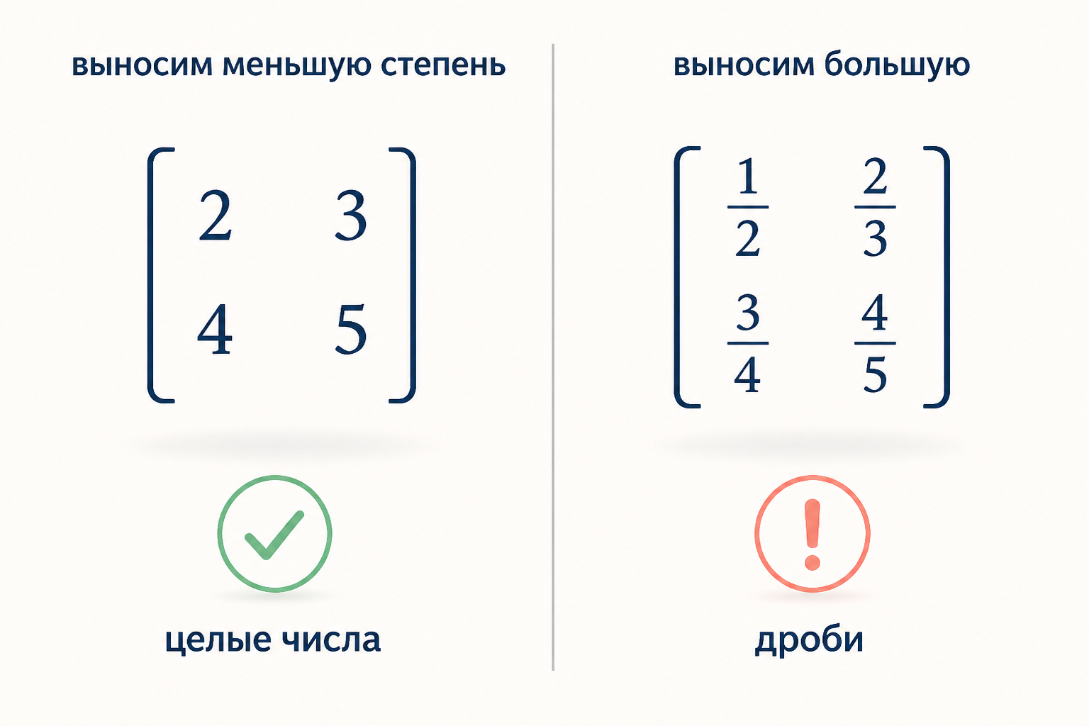 Сравнение двух способов вынесения: выносим наименьшую степень и в скобке целые числа, выносим большую и появляются дроби