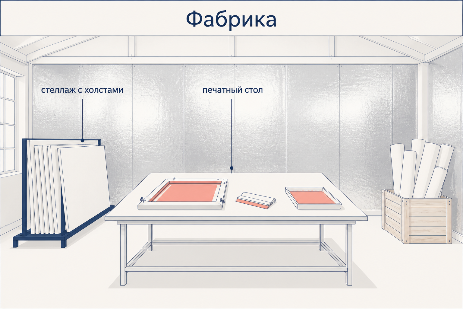 Интерьер мастерской Фабрика: печатный стол с трафаретной рамой и ракелем, стеллаж с чистыми холстами