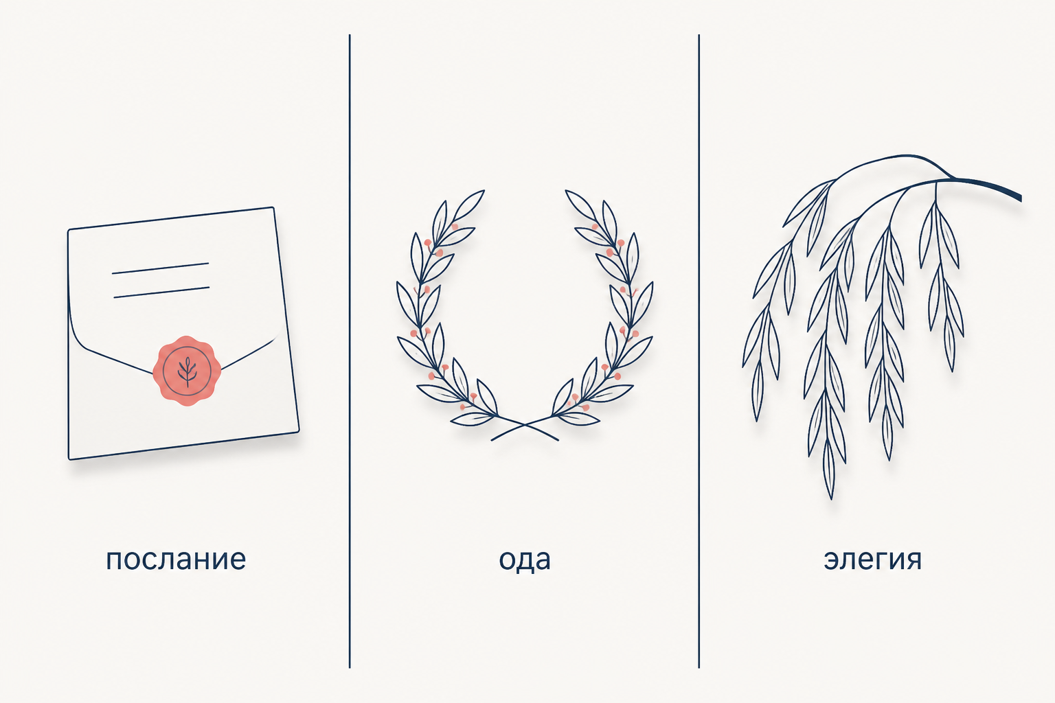 Сопоставление трёх жанров: три колонки с запечатанным письмом, лавровым венком и поникшей ветвью, подписанные как послание, ода и элегия